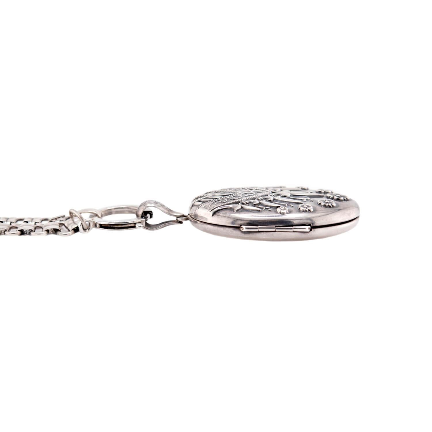 Victorian Sterling Silver Book Chain & Repoussé Locket Pendant Necklace