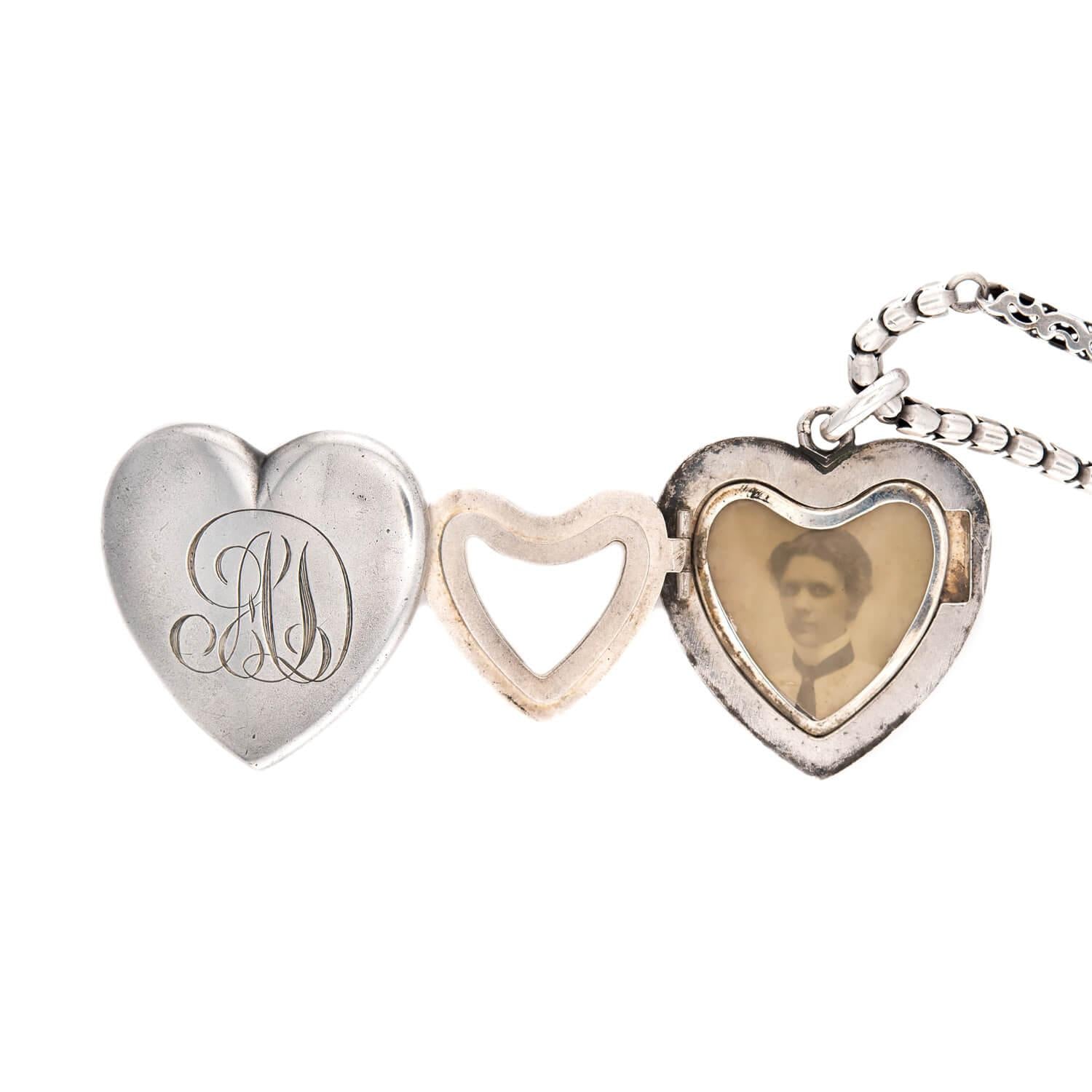 Victorian Sterling Silver Heart-Motif Locket Pendant Necklace