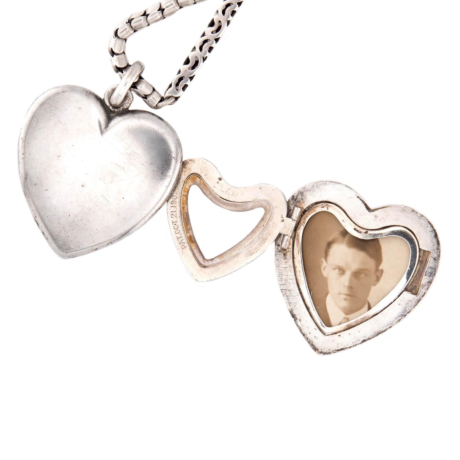 Victorian Sterling Silver Heart-Motif Locket Pendant Necklace