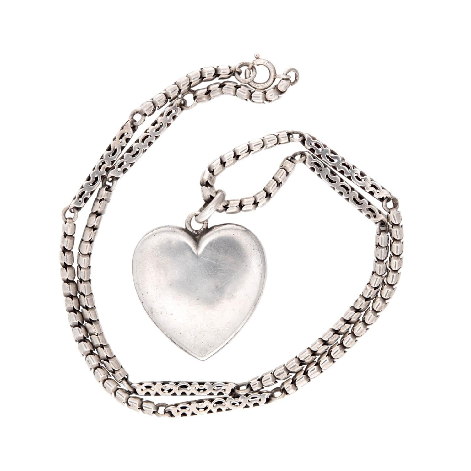 Victorian Sterling Silver Heart-Motif Locket Pendant Necklace