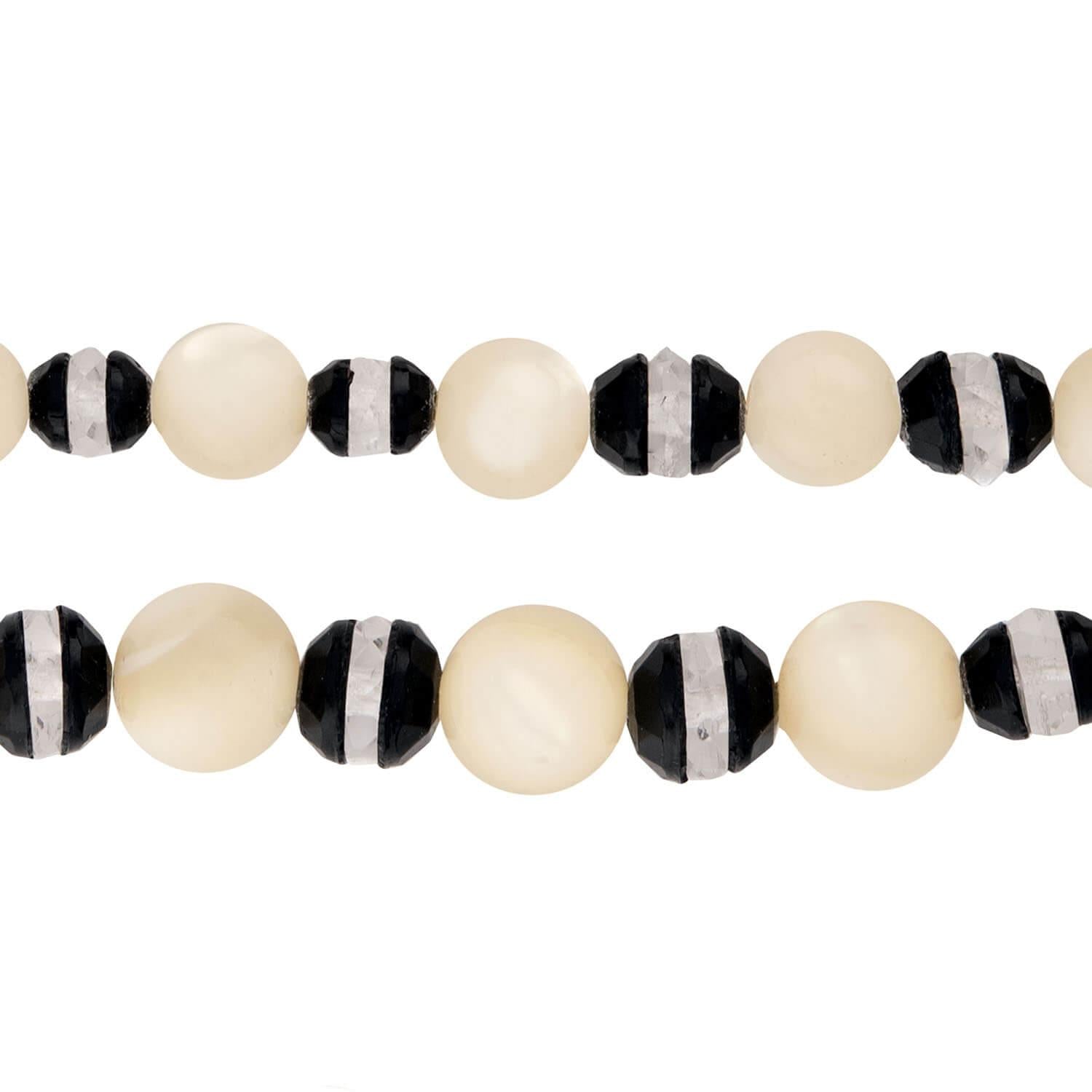 Art Deco Mother of. Pearl, Onyx, & Rock Quartz Crystal Bead Necklace