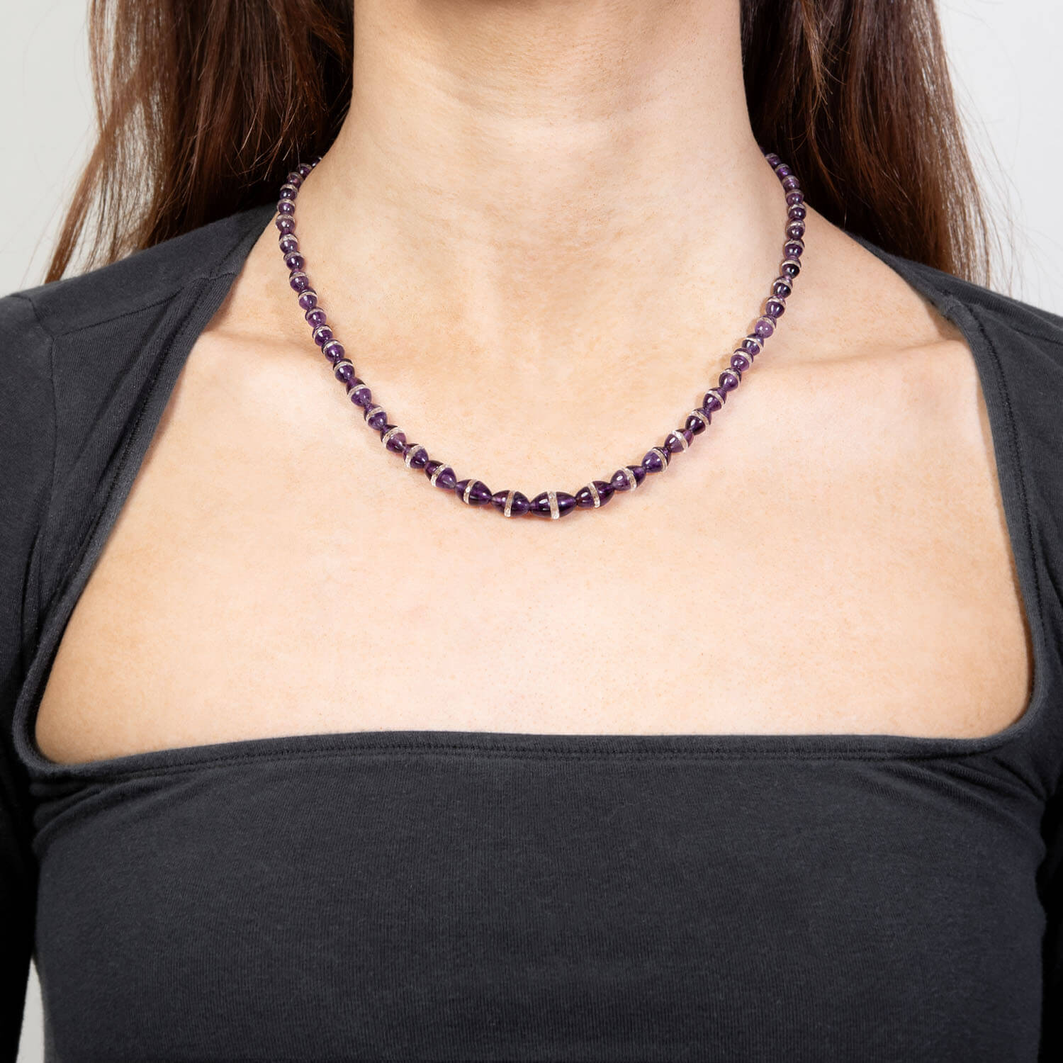 Art Deco 18k Amethyst and Rock Quartz Crystal Rondelle Bead Necklace