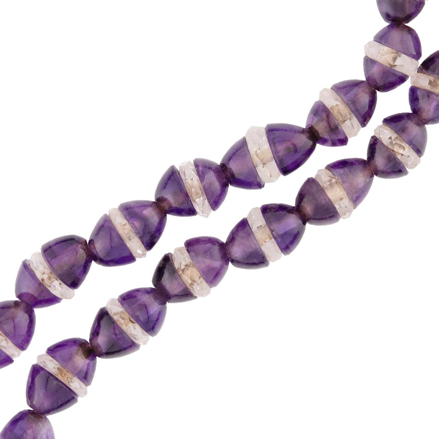 Art Deco 18k Amethyst and Rock Quartz Crystal Rondelle Bead Necklace