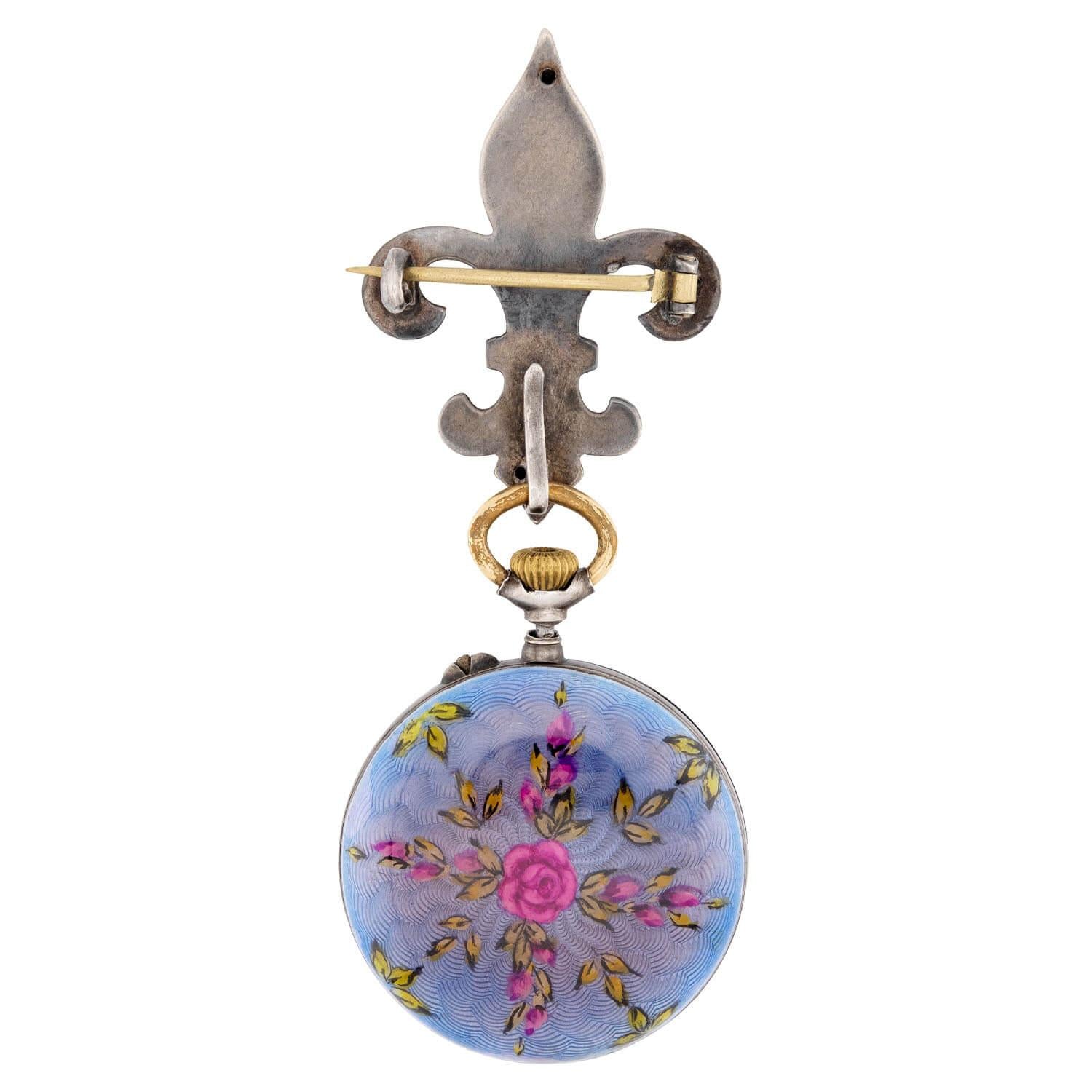 Art Nouveau Sterling Silver/Gold Guilloche Watch Pin/Pendant