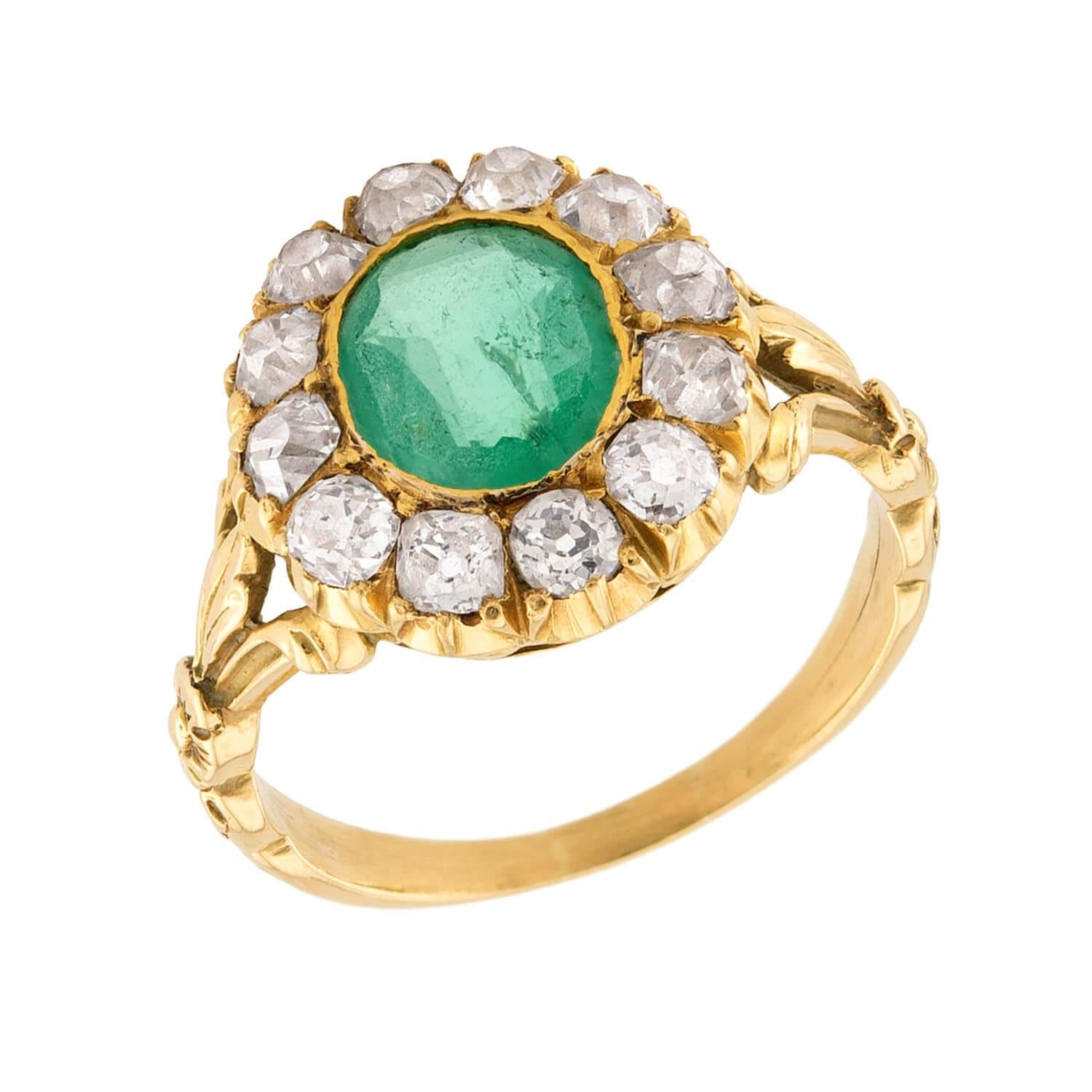 Victorian 18k Emerald and Diamond Halo Ring