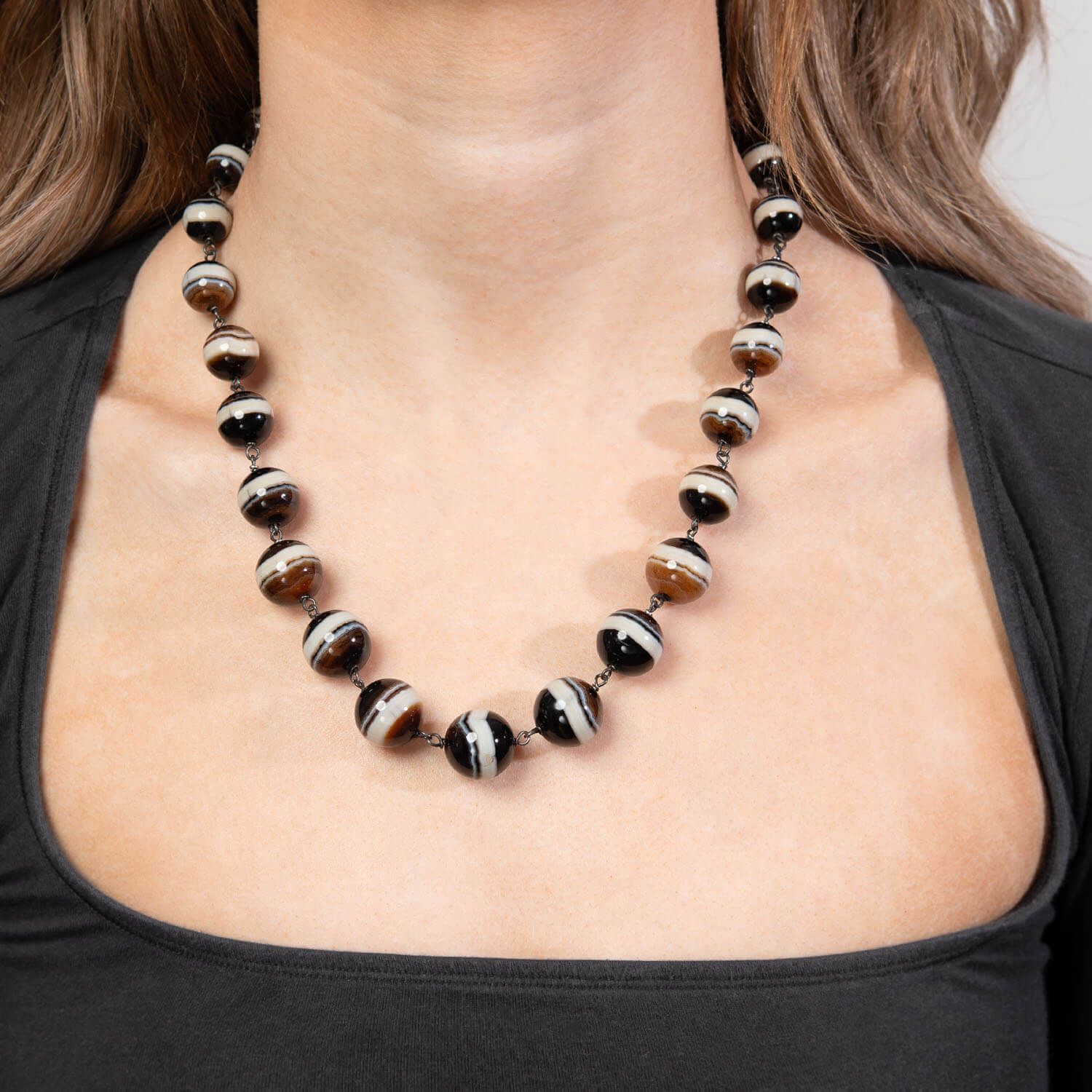 Victorian Sterling Silver Banded Agate Bead Necklace 20"