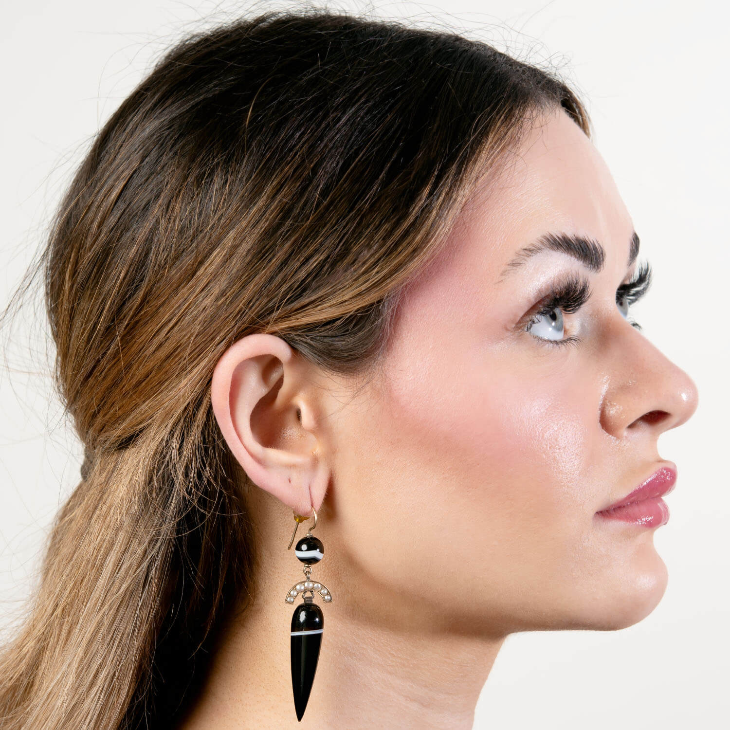 Victorian 14k Banded Agate & Pearl Drop Earrings