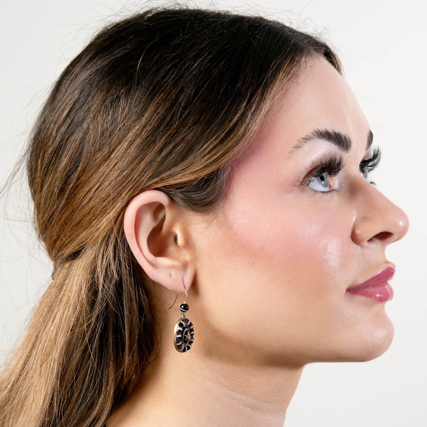 Victorian 14k Banded Agate & Pearl Disc Earrings