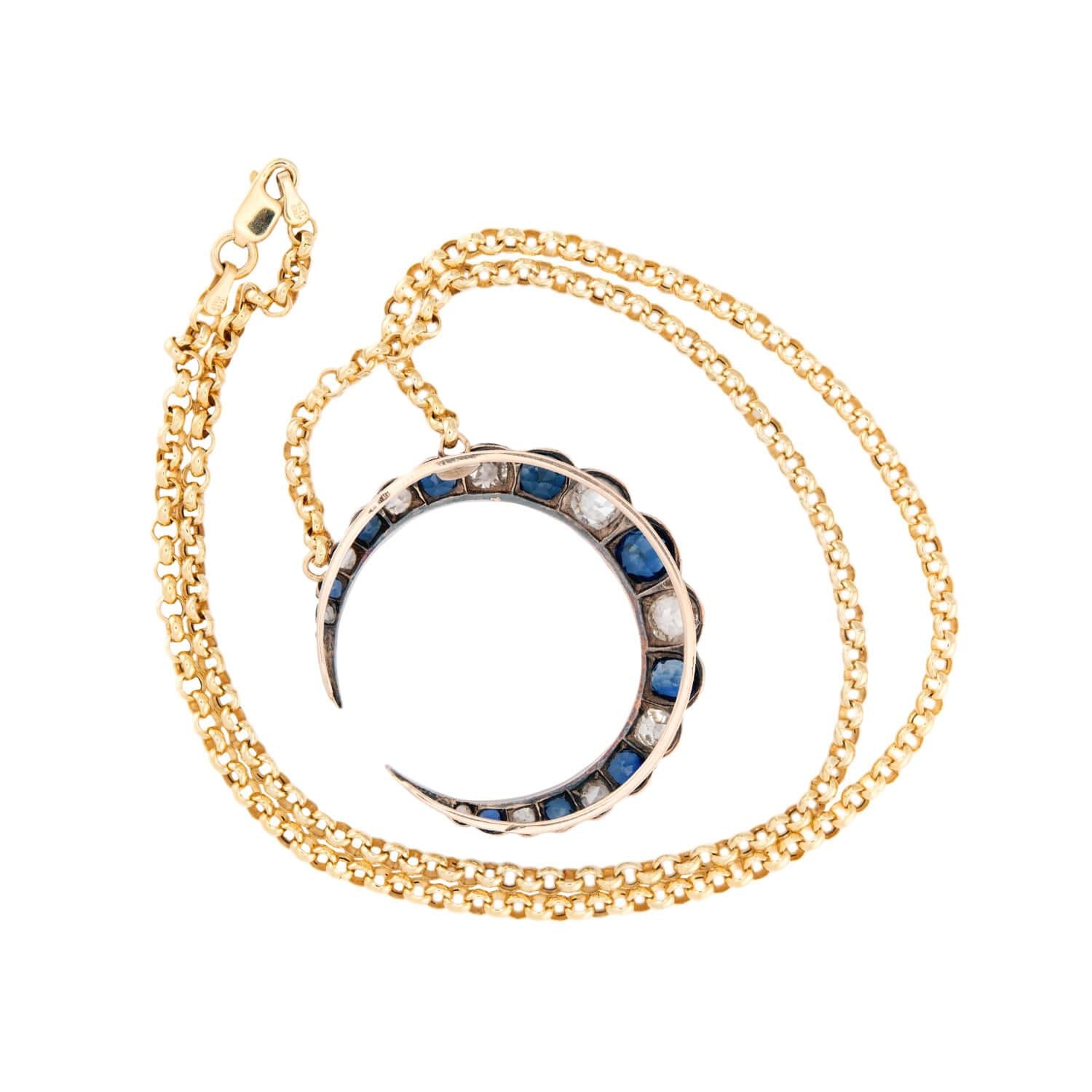 Victorian 18k/14k/Sterling Silver Sapphire & Diamond Crescent Pendant Necklace