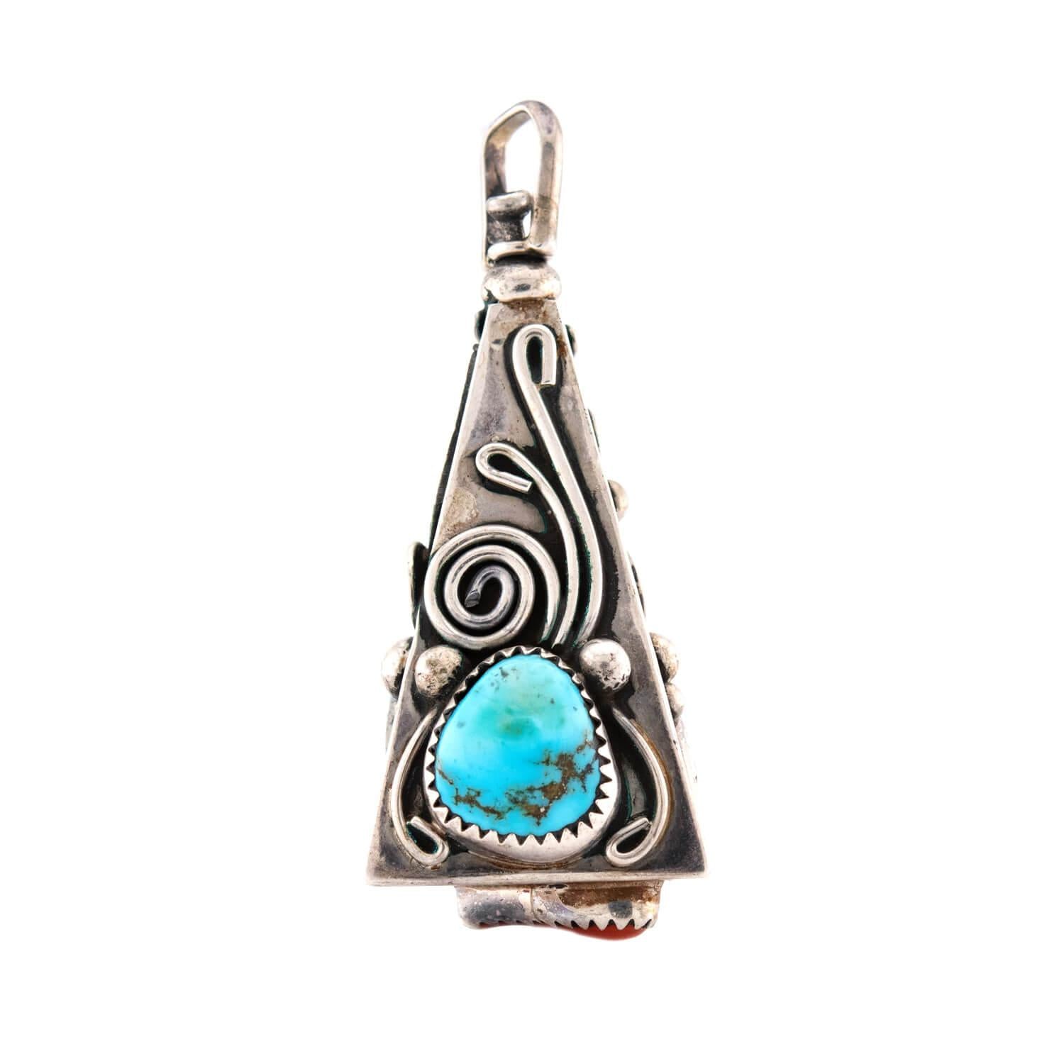 Vintage Native American Sterling Silver Turquoise & Coral Fob