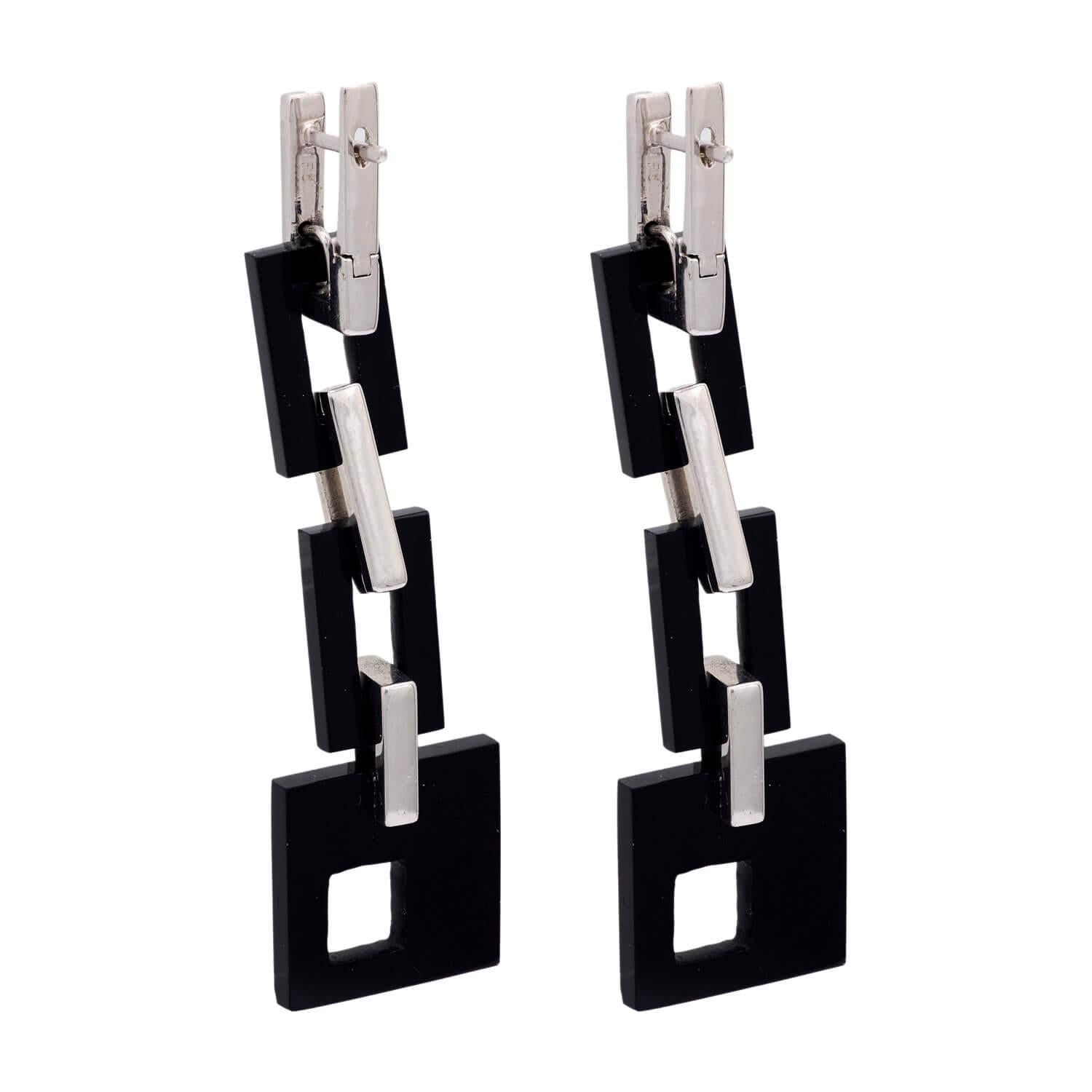 Vintage 18k Onyx & Diamond Geometric Drop Earrings