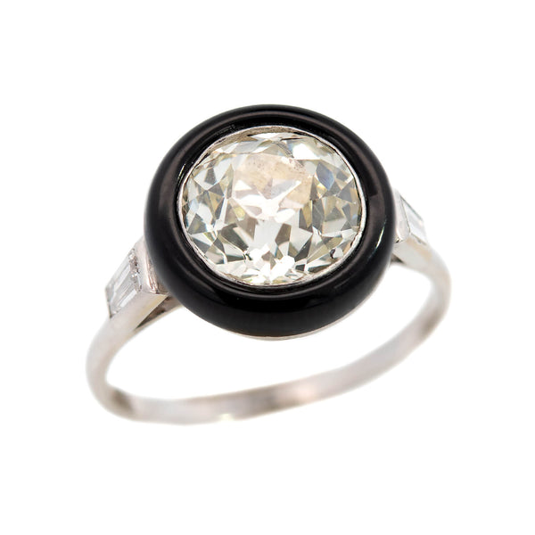 Art Deco Platinum Halo Onyx and Diamond Ring