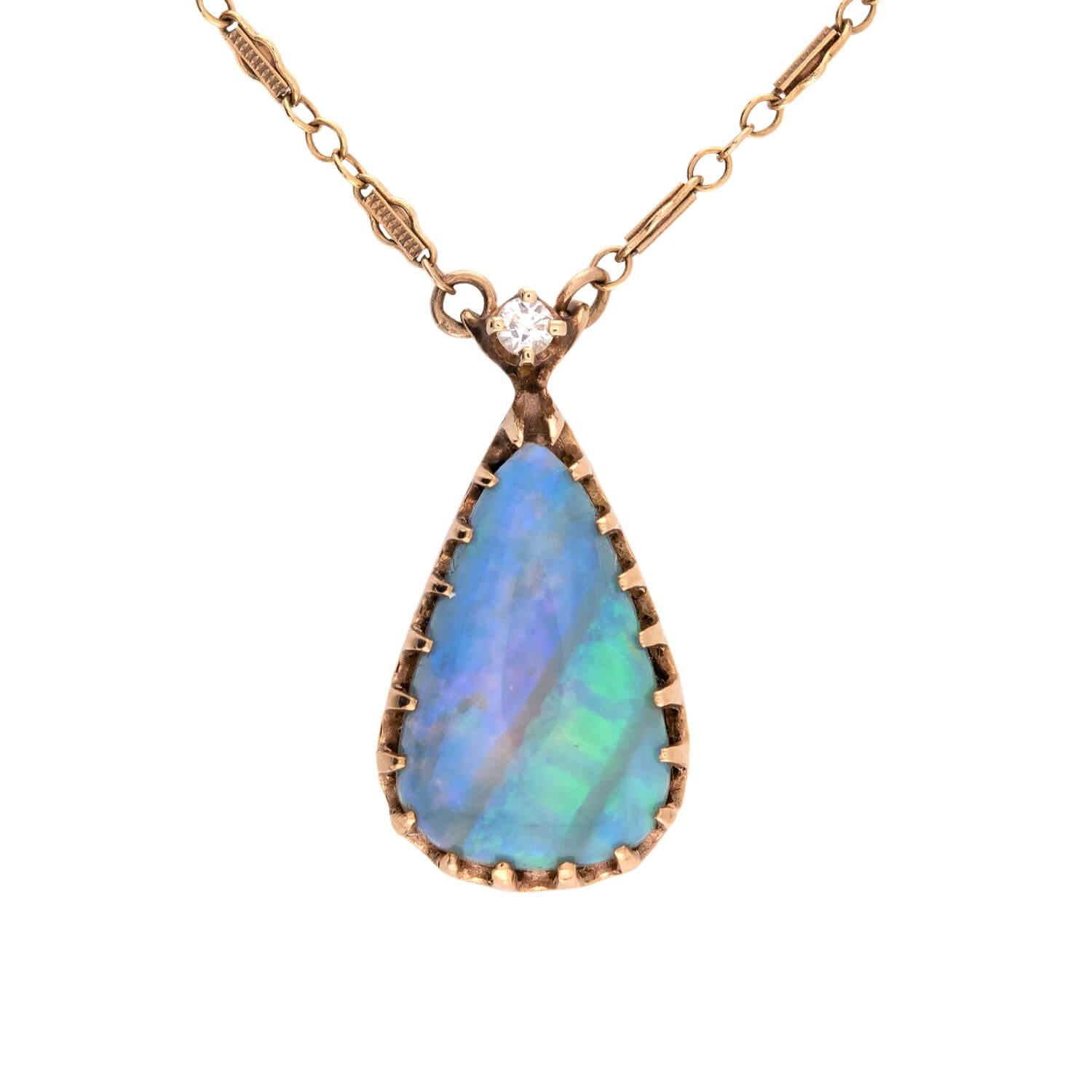Vintage 14k Opal & Diamond Pendant Necklace