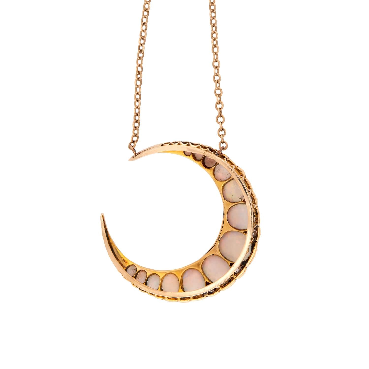 Victorian 18k Opal & Diamond Crescent Pendant Necklace