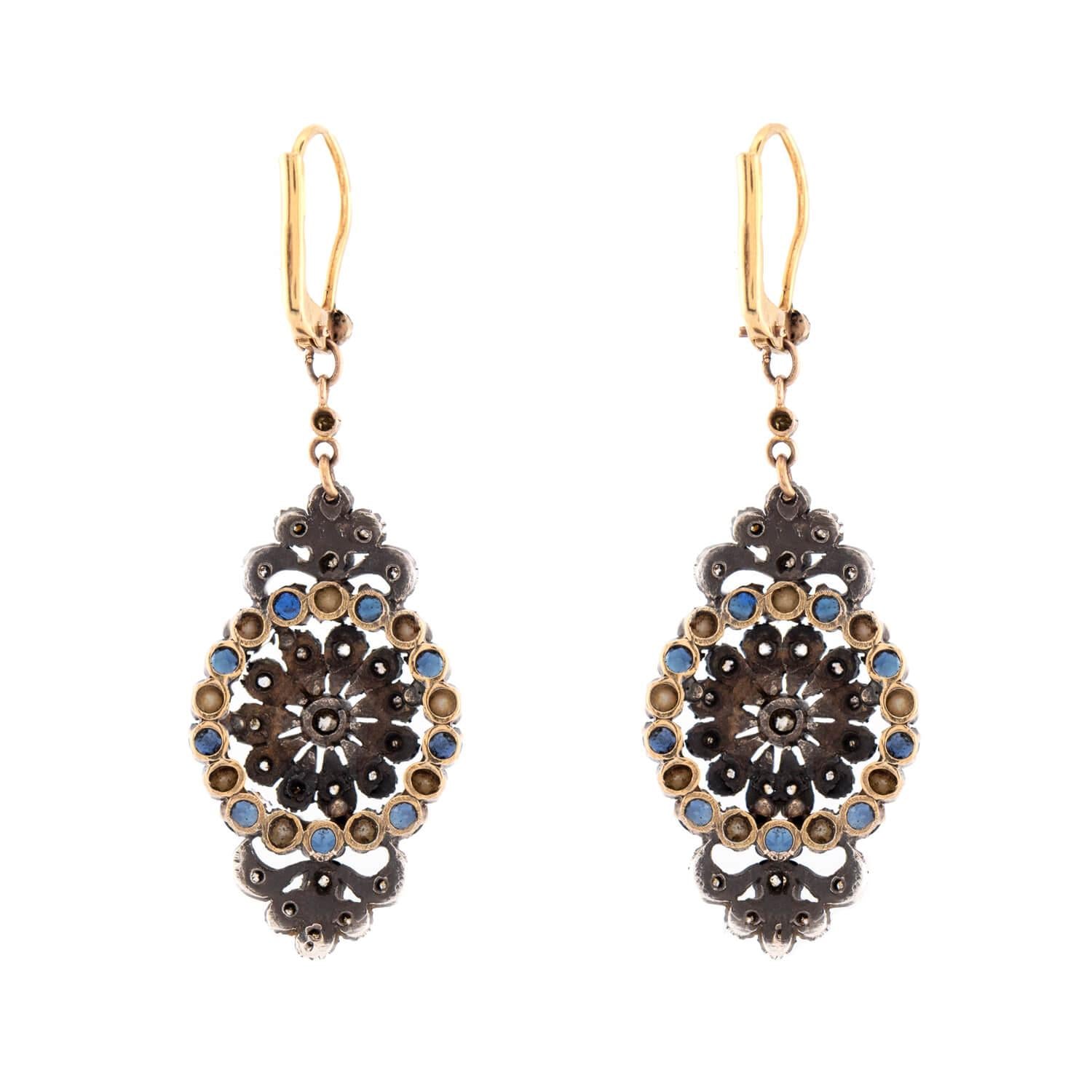 Georgian 14k/Sterling Sapphire, Pearl, & Diamond Dangle Earrings