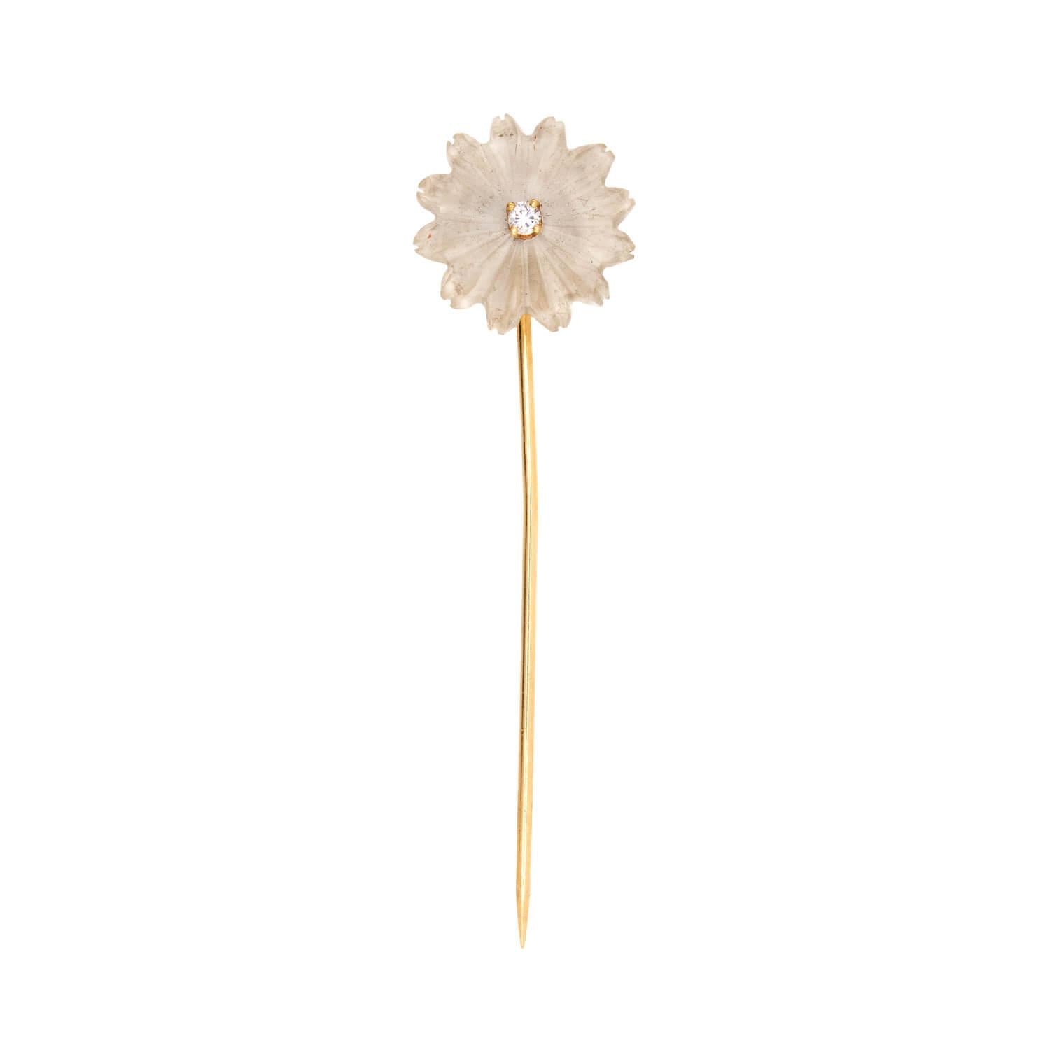 Victorian 14k Diamond & Camphor Glass Flower Stickpin