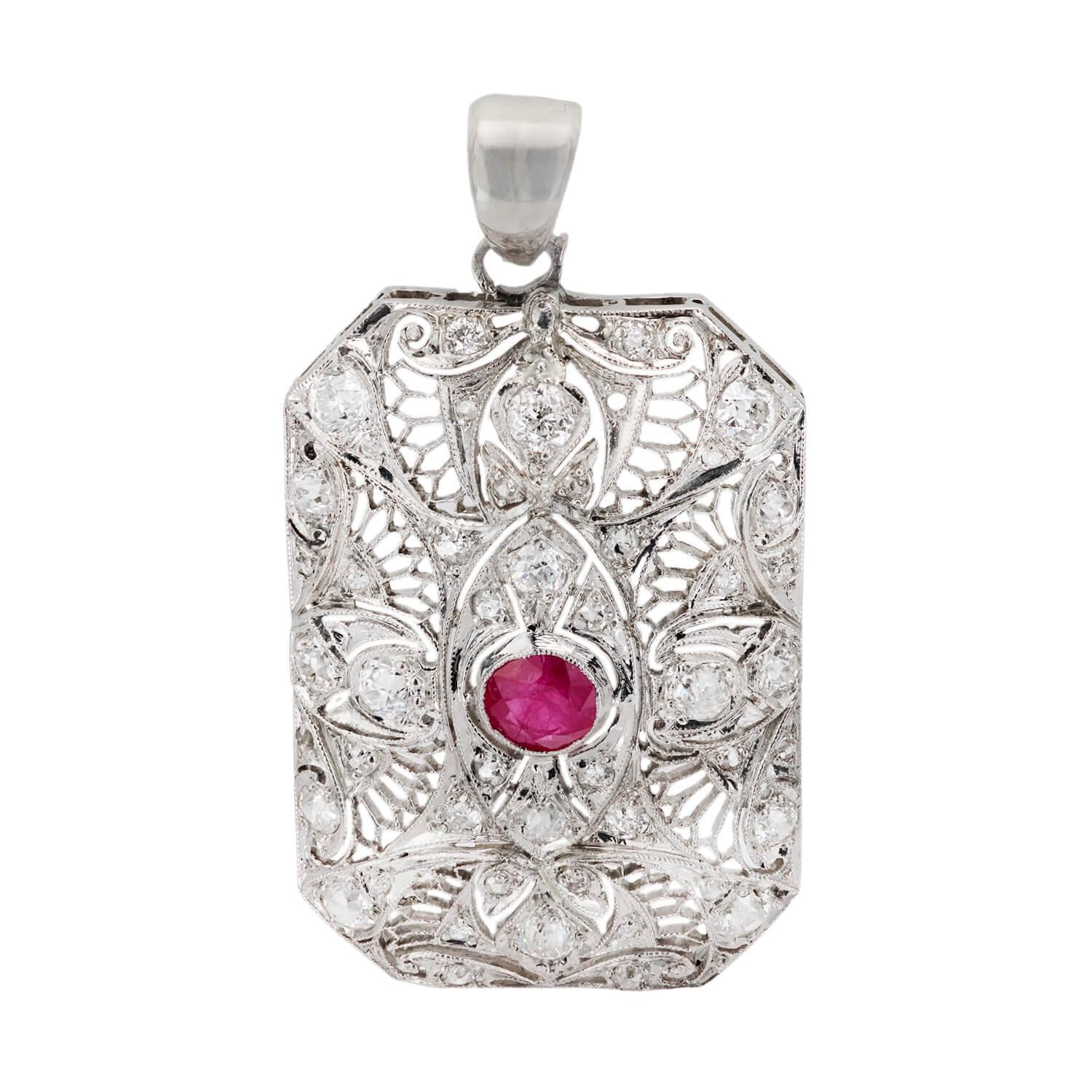 Edwardian Platinum Ruby and Diamond Pendant