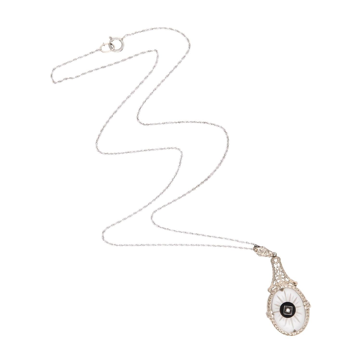 Art Deco 14k Rock Quartz Crystal, Onyx, and Diamond Pendant Necklace