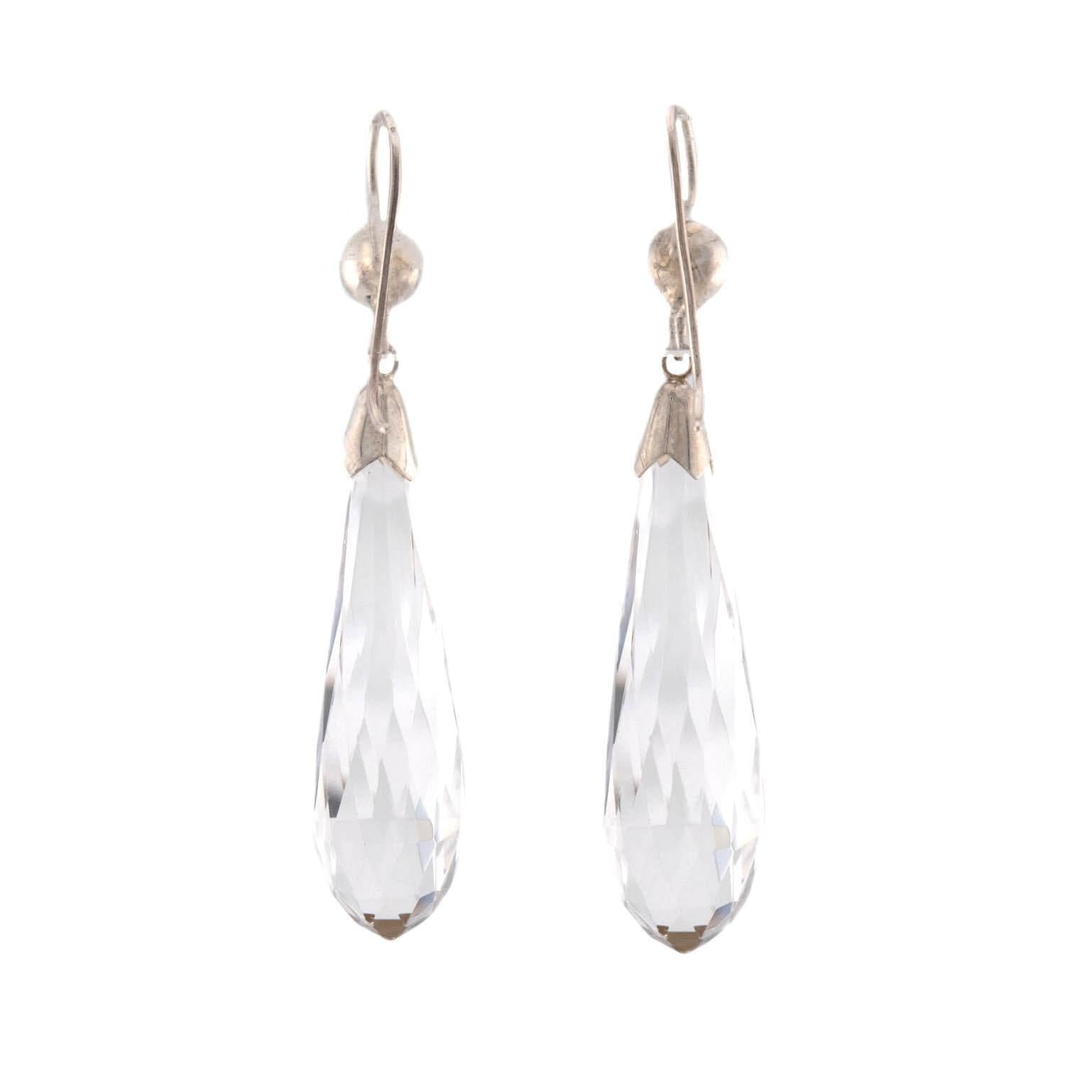 Vintage Sterling Silver Rock Quartz Crystal Drop Earrings