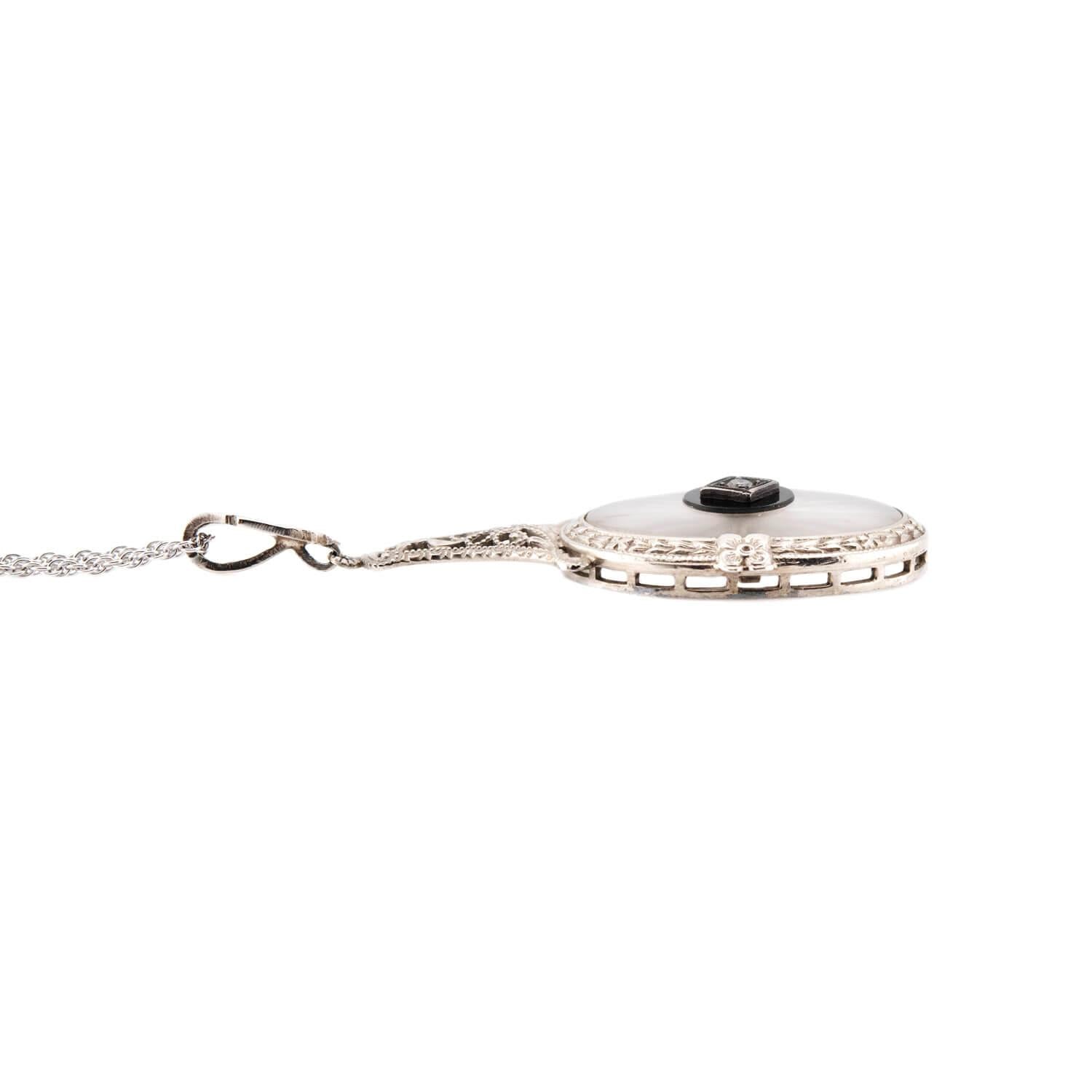Art Deco 14k Rock Quartz Crystal, Onyx, and Diamond Pendant Necklace