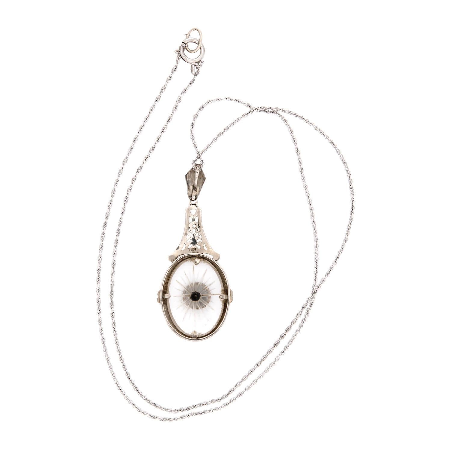 Art Deco 14k Rock Quartz Crystal, Onyx, and Diamond Pendant Necklace