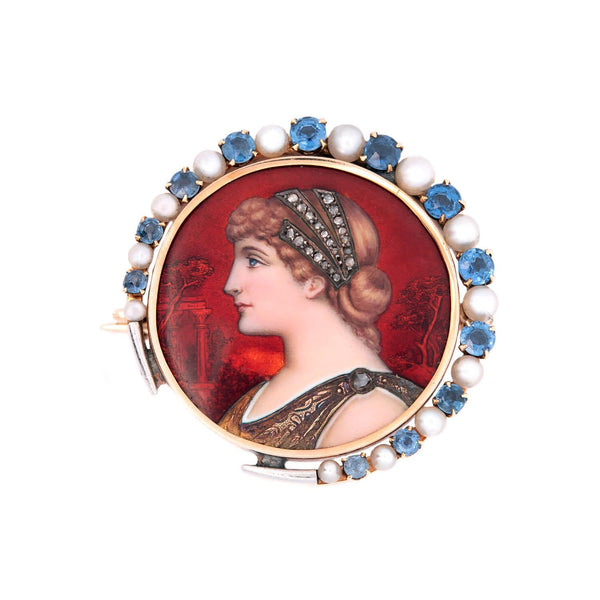 Victorian 14k/Sterling Silver Diamond Pearl and Sapphire Enameled Roman Bust Pin