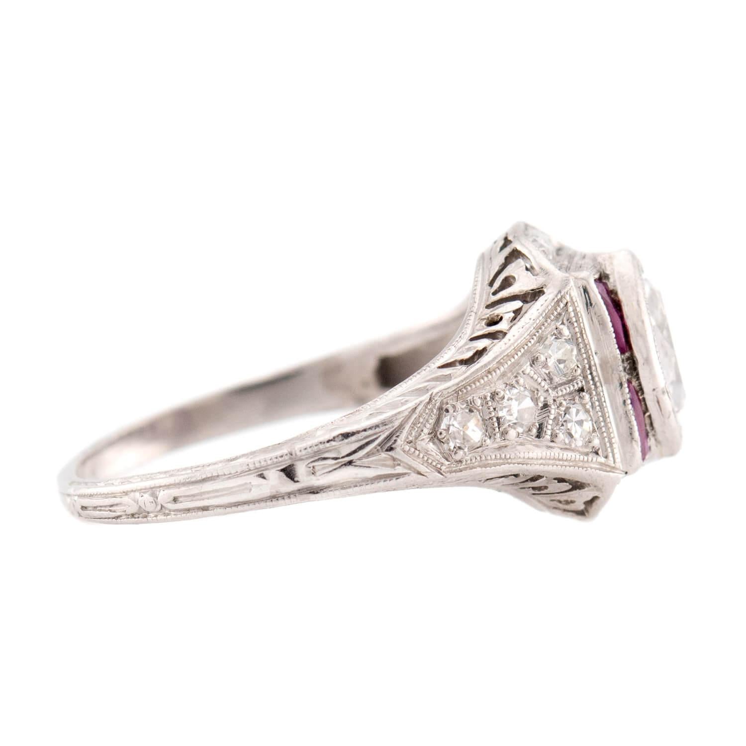 Art Deco Platinum Diamond & Ruby Engagement Ring .75ct