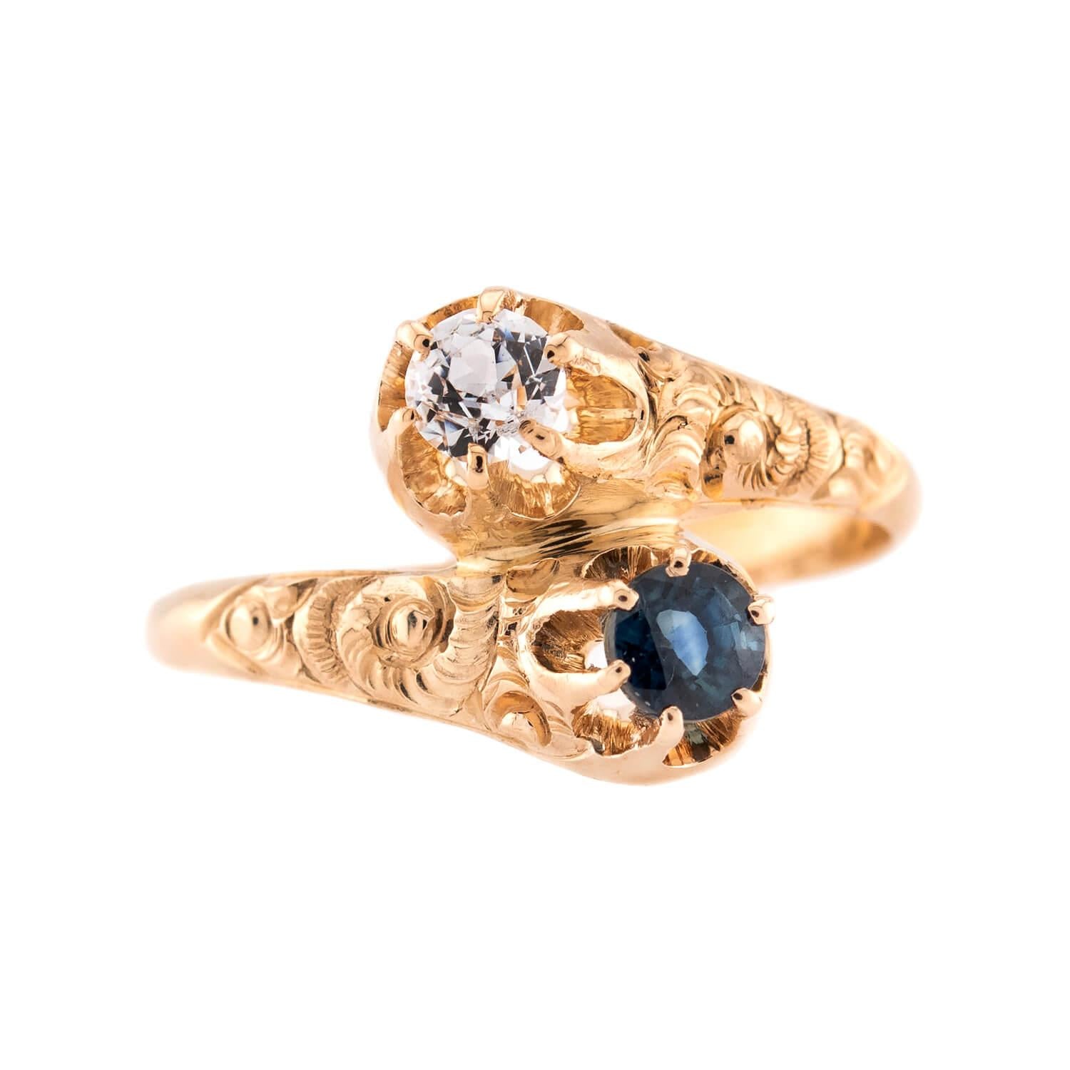 Art Nouveau 14k Sapphire & Diamond Moi et Toi Ring