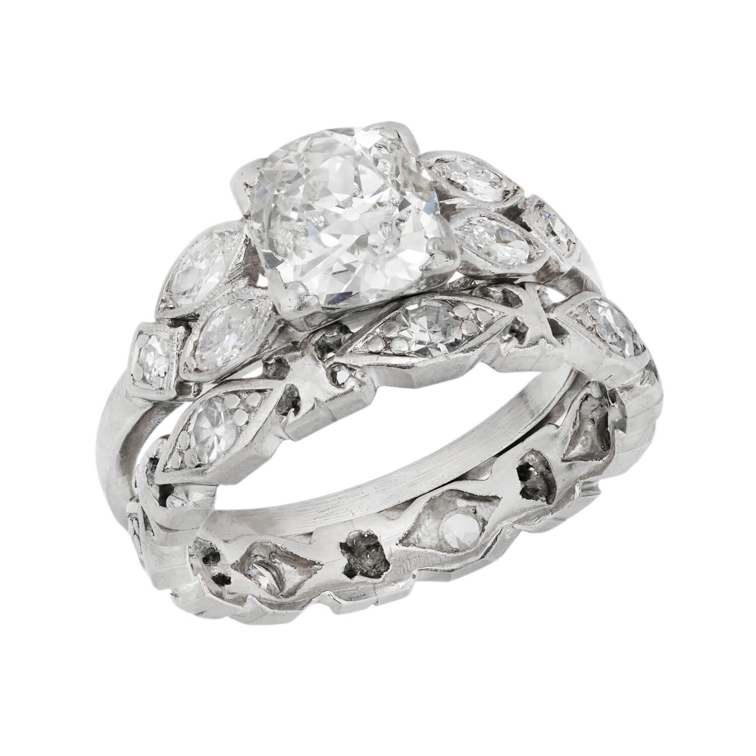 Art Deco Platinum Diamond Engagement Ring and Band Set .75ct