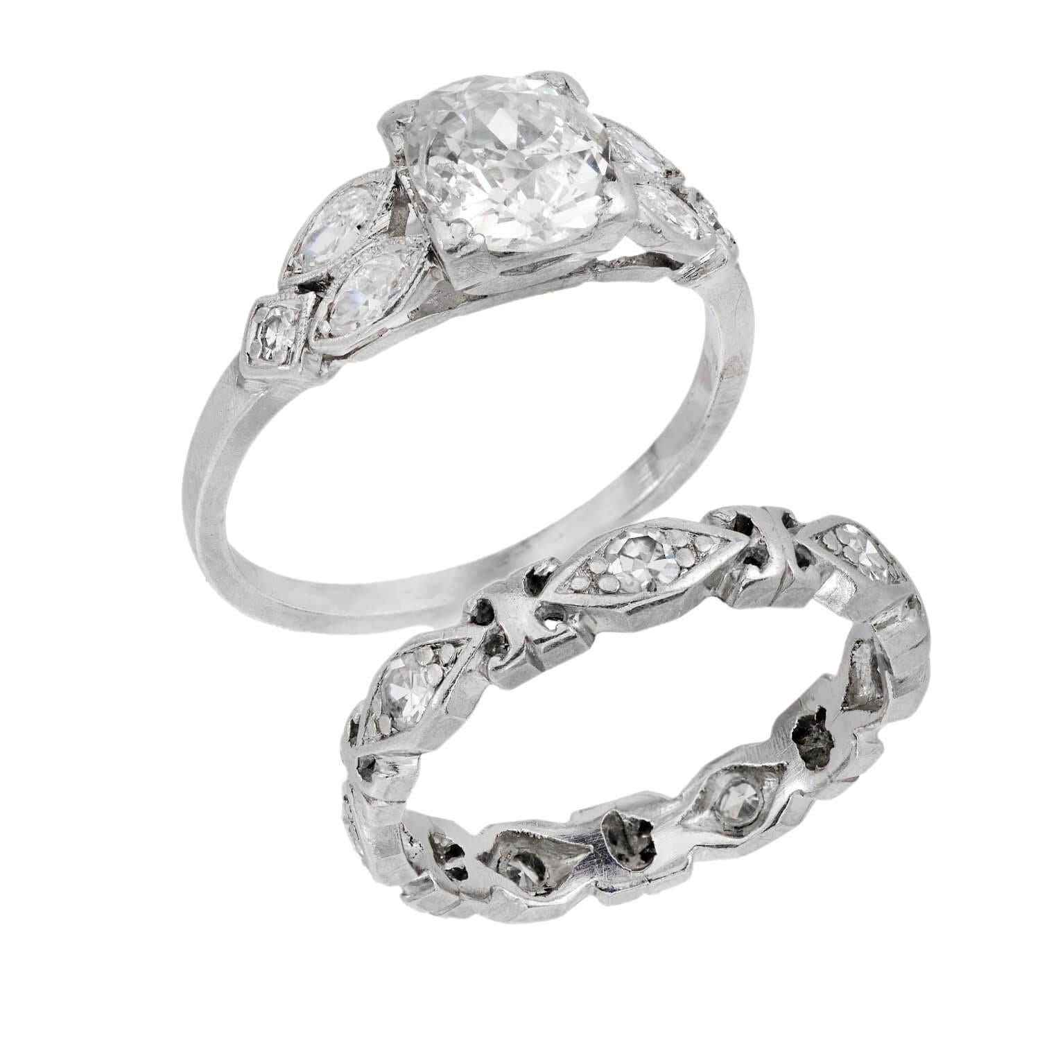 Art Deco Platinum Diamond Engagement Ring and Band Set .75ct