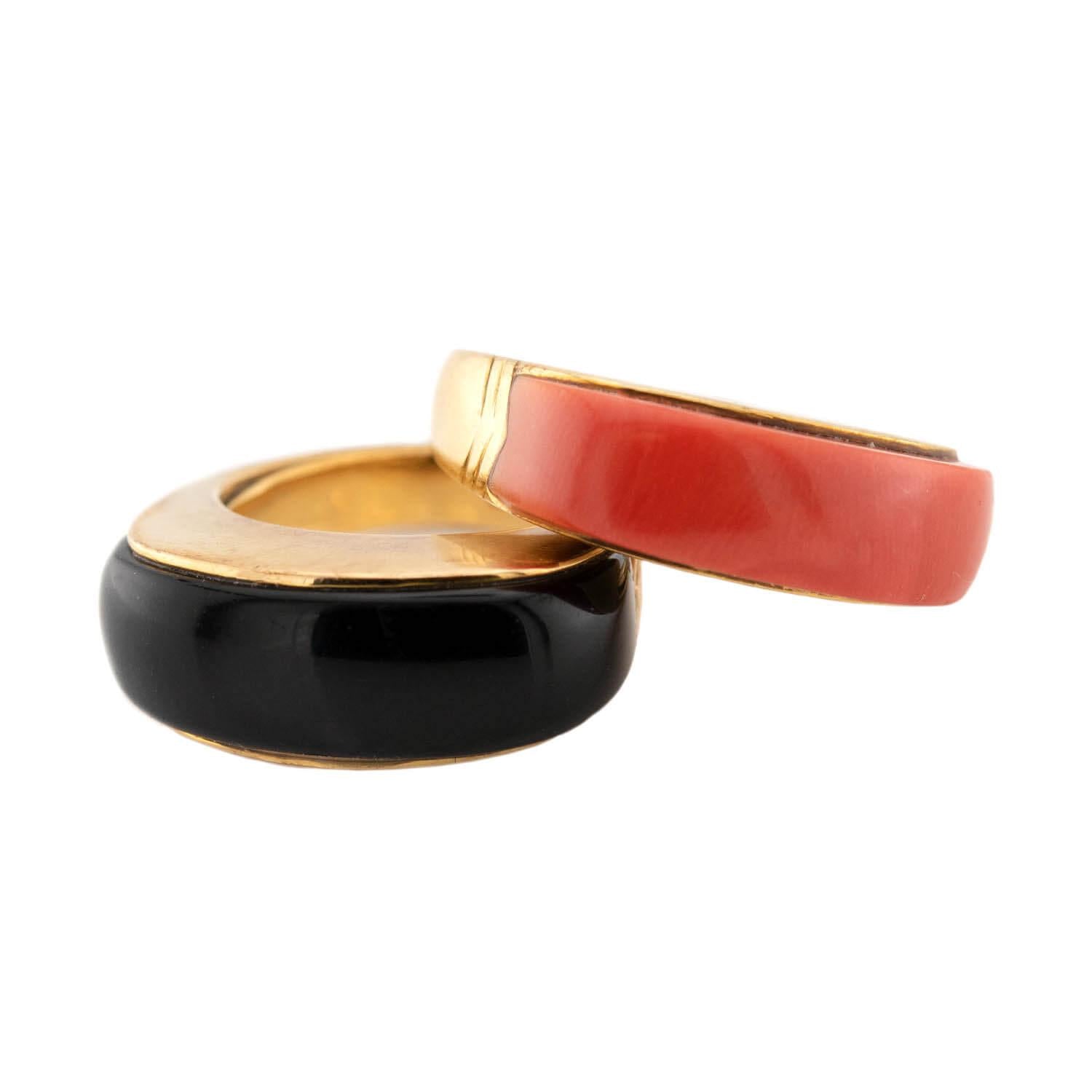 Vintage 18k Coral and Onyx Ring Set