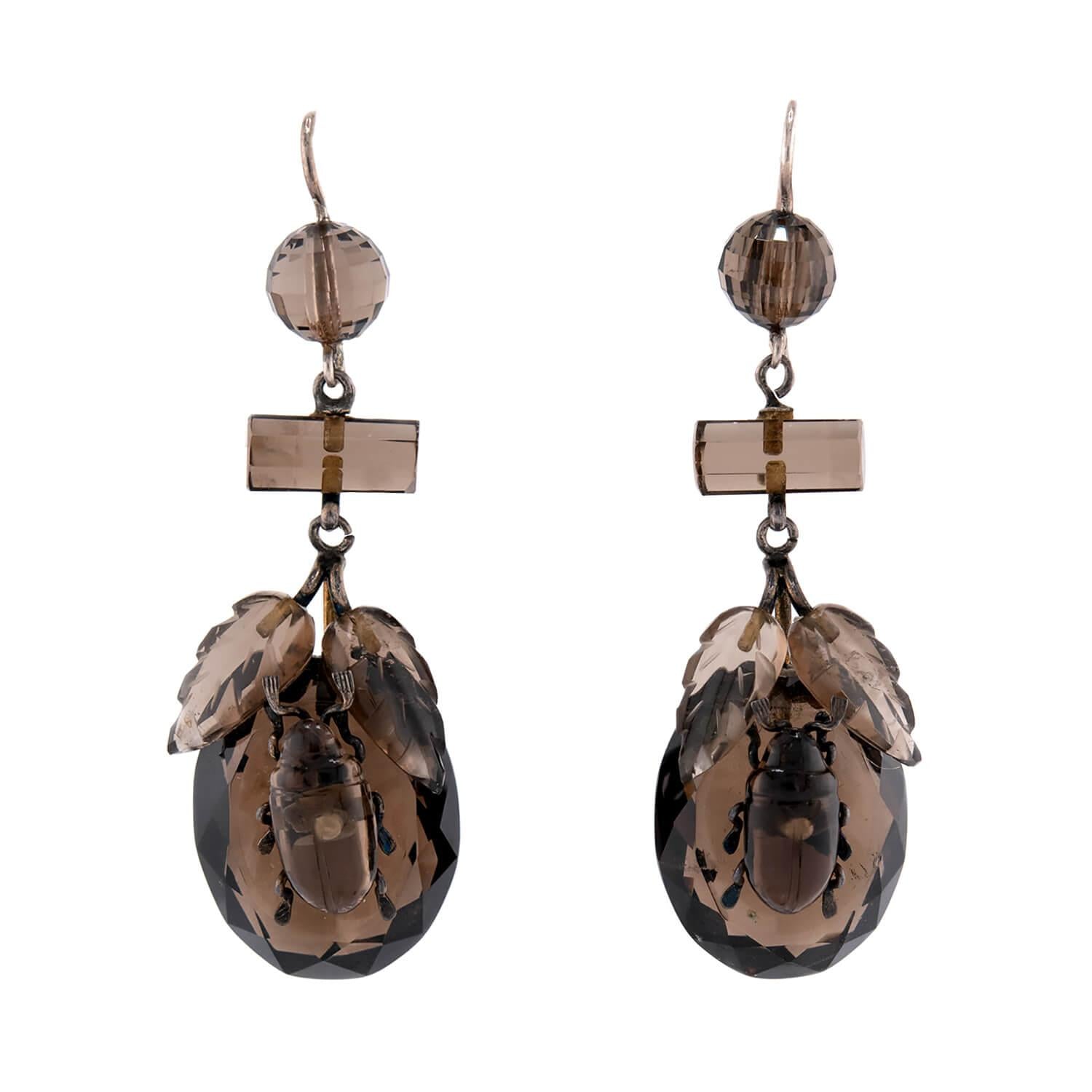 Victorian Sterling Silver Smoky Topaz Beetle-Motif Earrings