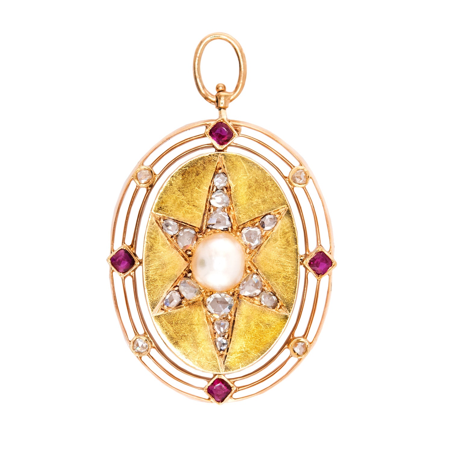 Victorian 14k Diamond, Ruby & Pearl Starburst Pendant