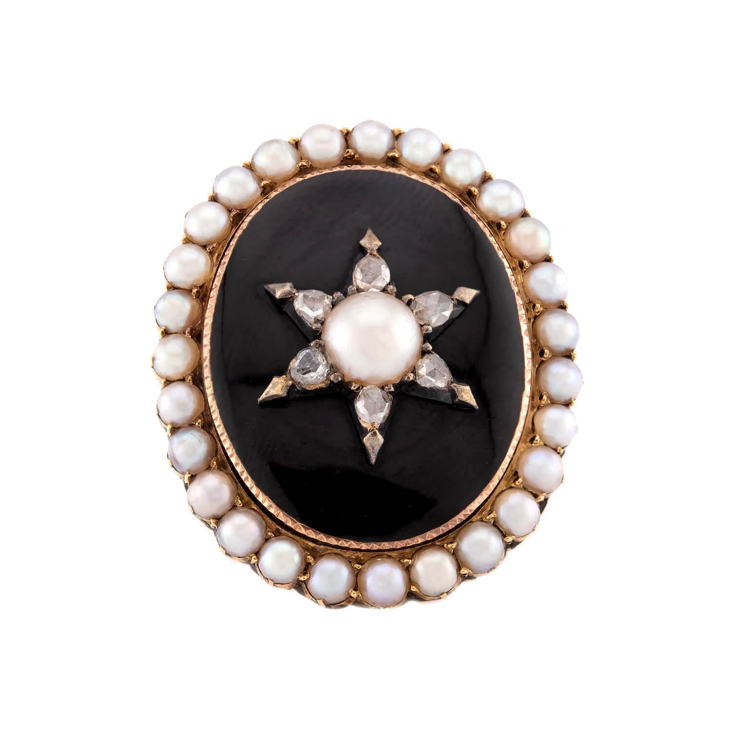Victorian 14k Enamel, Pearl, & Diamond Starburst-Motif Ring