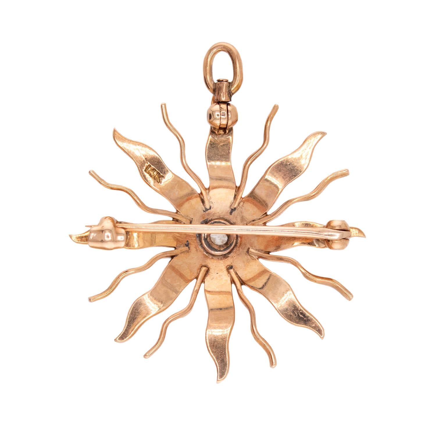 Victorian 14k Diamond & Pearl Sunburst Pin/Pendant