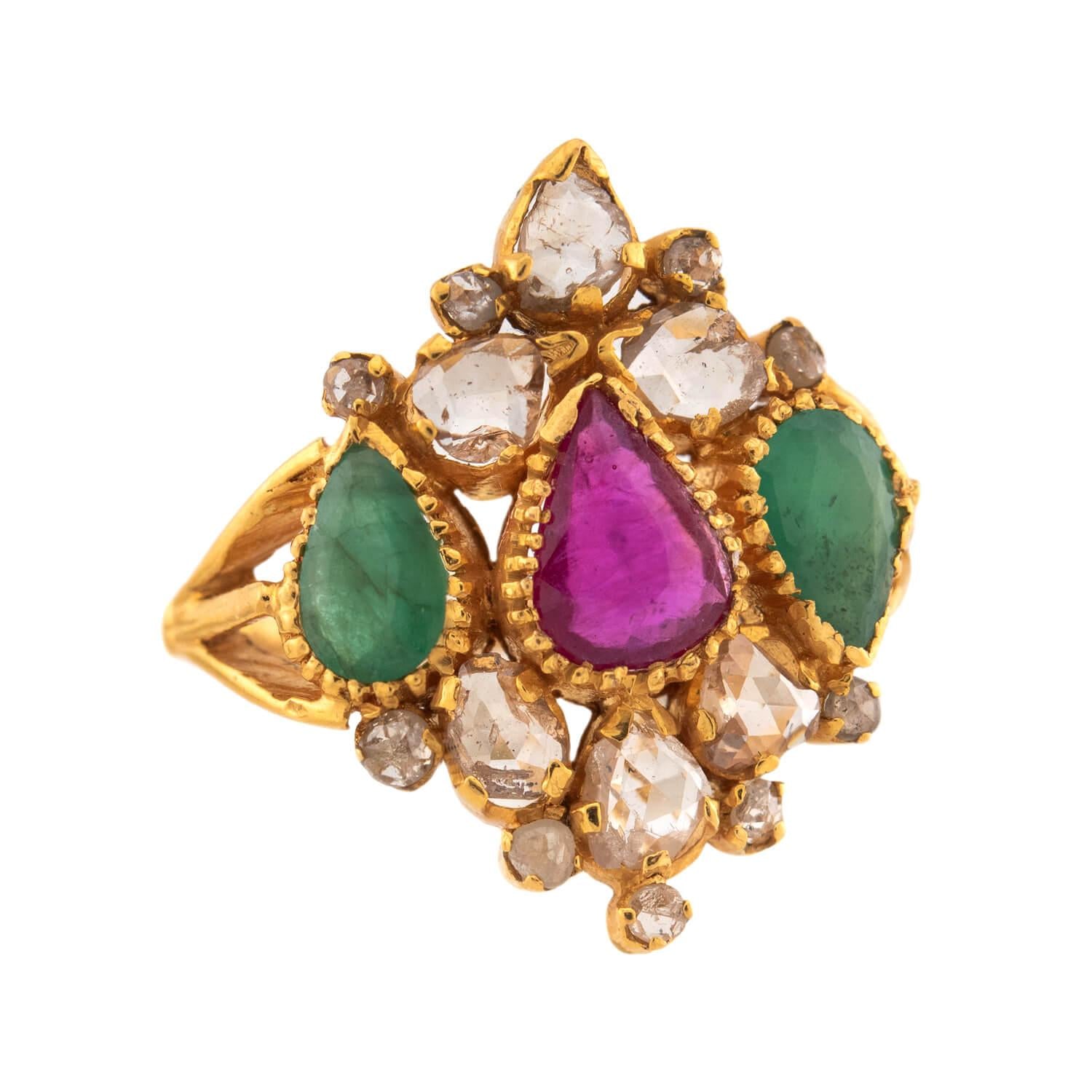 ANJANEY JEWELRY Estate Indian 22k Ruby, Emerald, & Diamond Ring