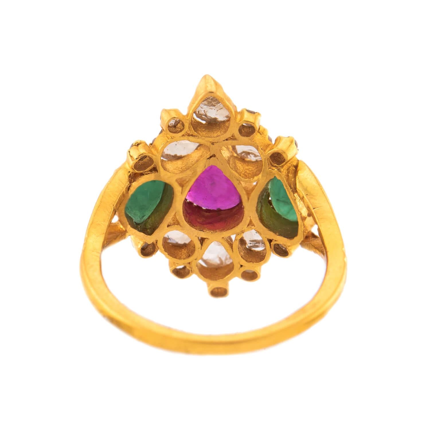 ANJANEY JEWELRY Estate Indian 22k Ruby, Emerald, & Diamond Ring