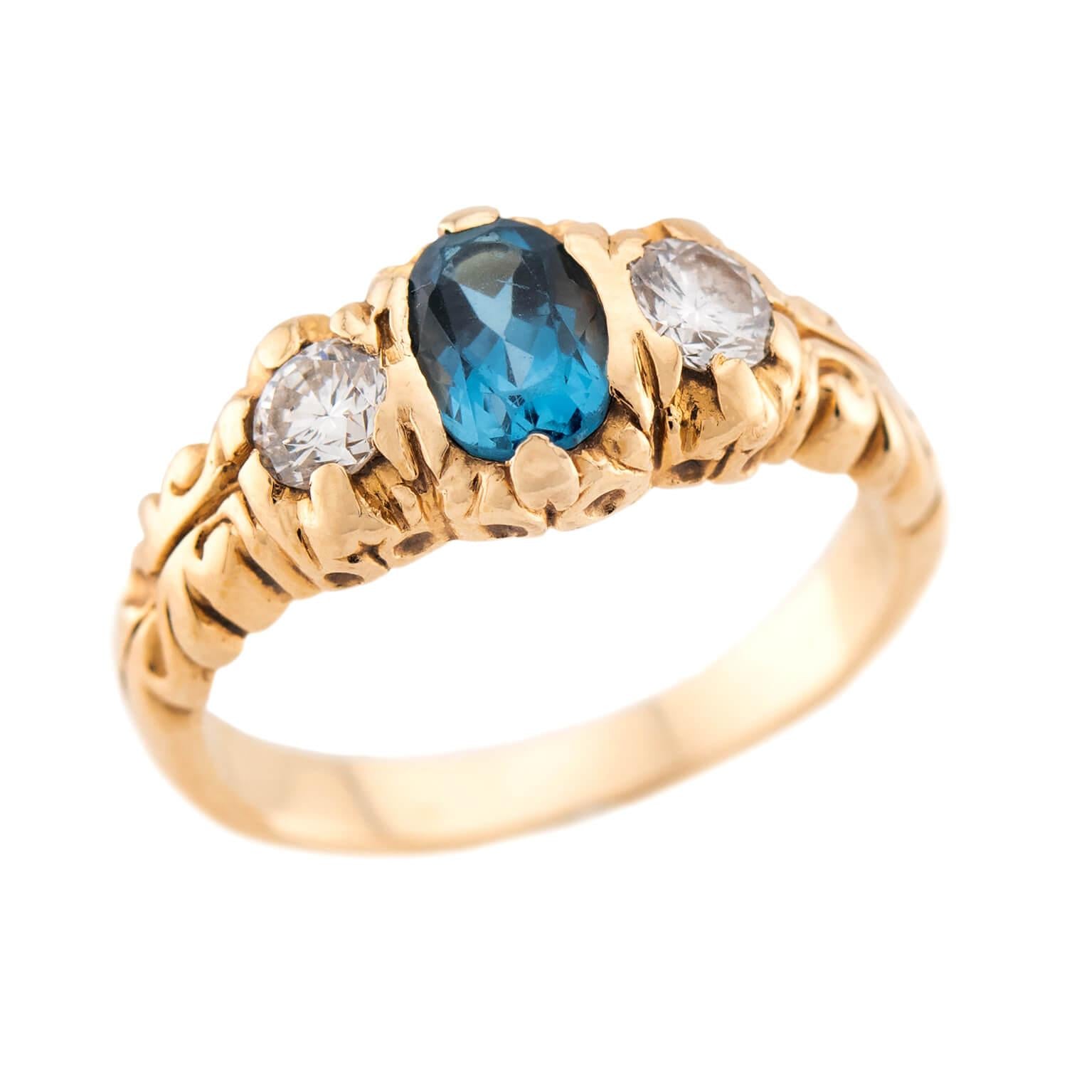 Vintage 14k London Topaz & Diamond Three Stone Ring