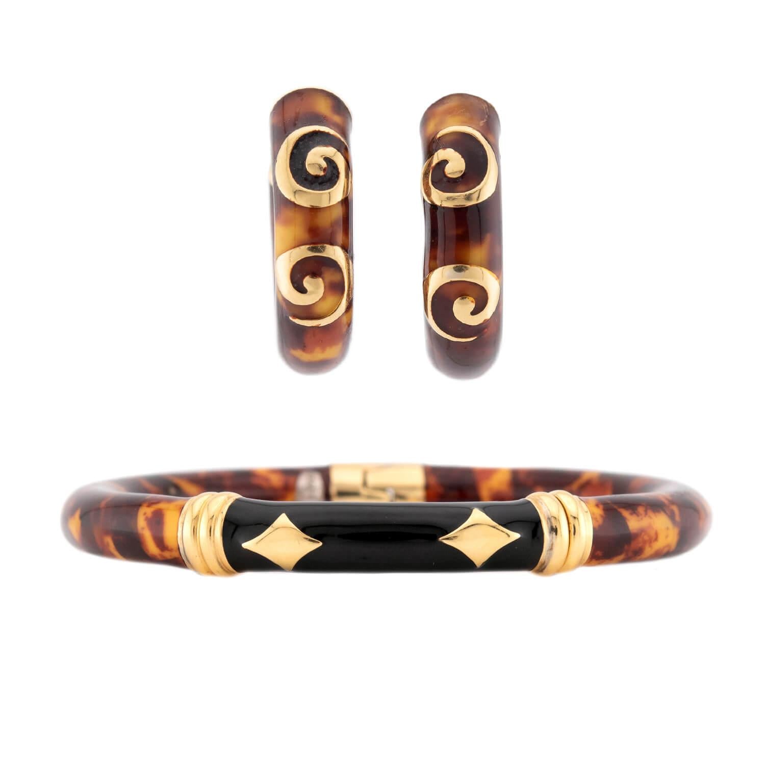 Estate Italian 18K/Sterling Silver Resin & Enamel Earring & Bracelet Set