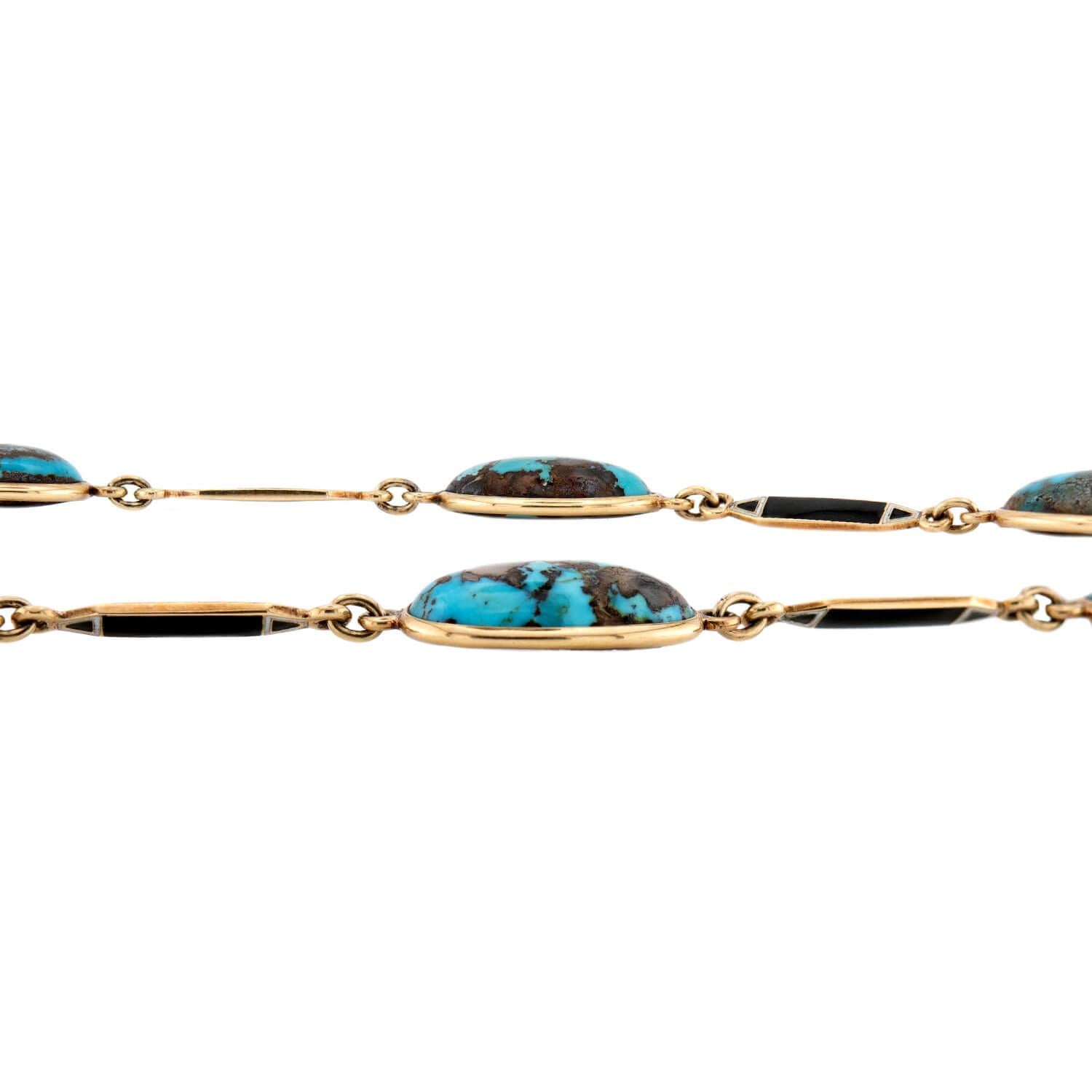 Art Deco 14k Turquoise and Enamel Link Necklace