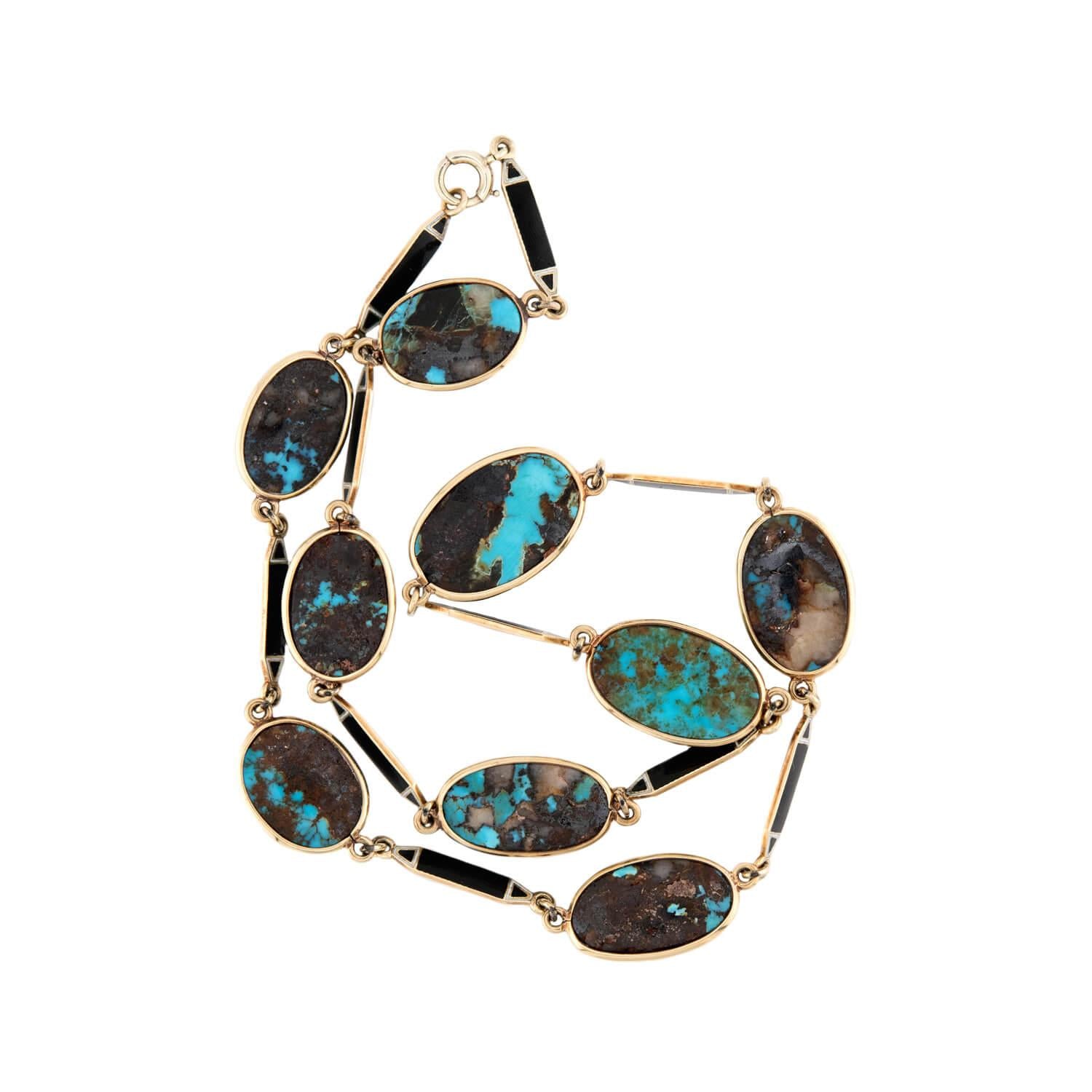 Art Deco 14k Turquoise and Enamel Link Necklace