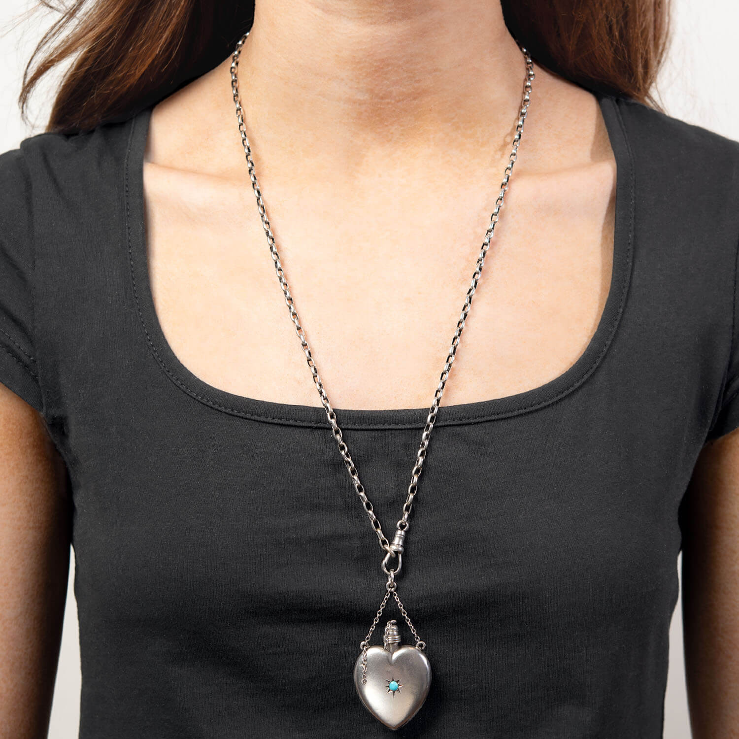 Victorian Sterling Silver Turquoise Heart Perfume Bottle Pendant Necklace