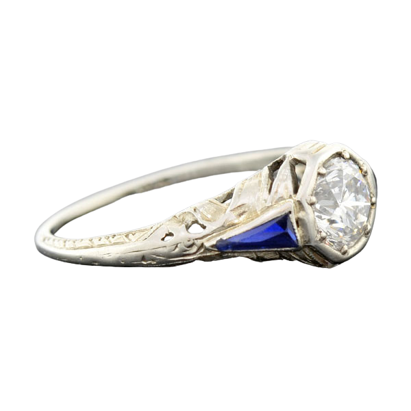 Art Deco 18kt Diamond & Sapphire Engagement Ring .82ct