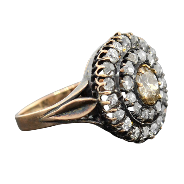 18kt Mine & Rose Cut Diamond Double Halo Cluster Ring 2ctw