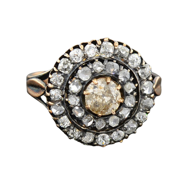 18kt Mine & Rose Cut Diamond Double Halo Cluster Ring 2ctw