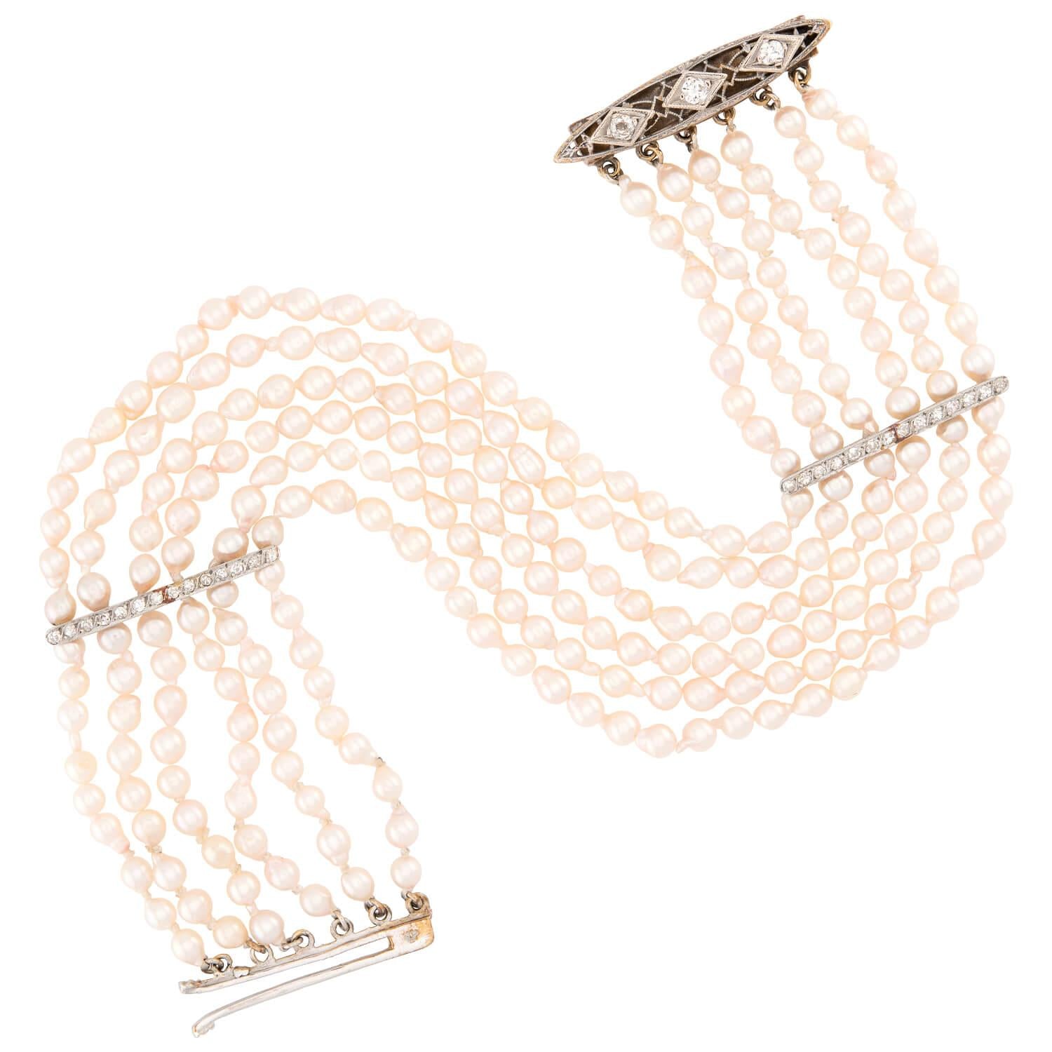 Edwardian 14k/Platinum Pearl & Diamond Multi-Strand Bracelet