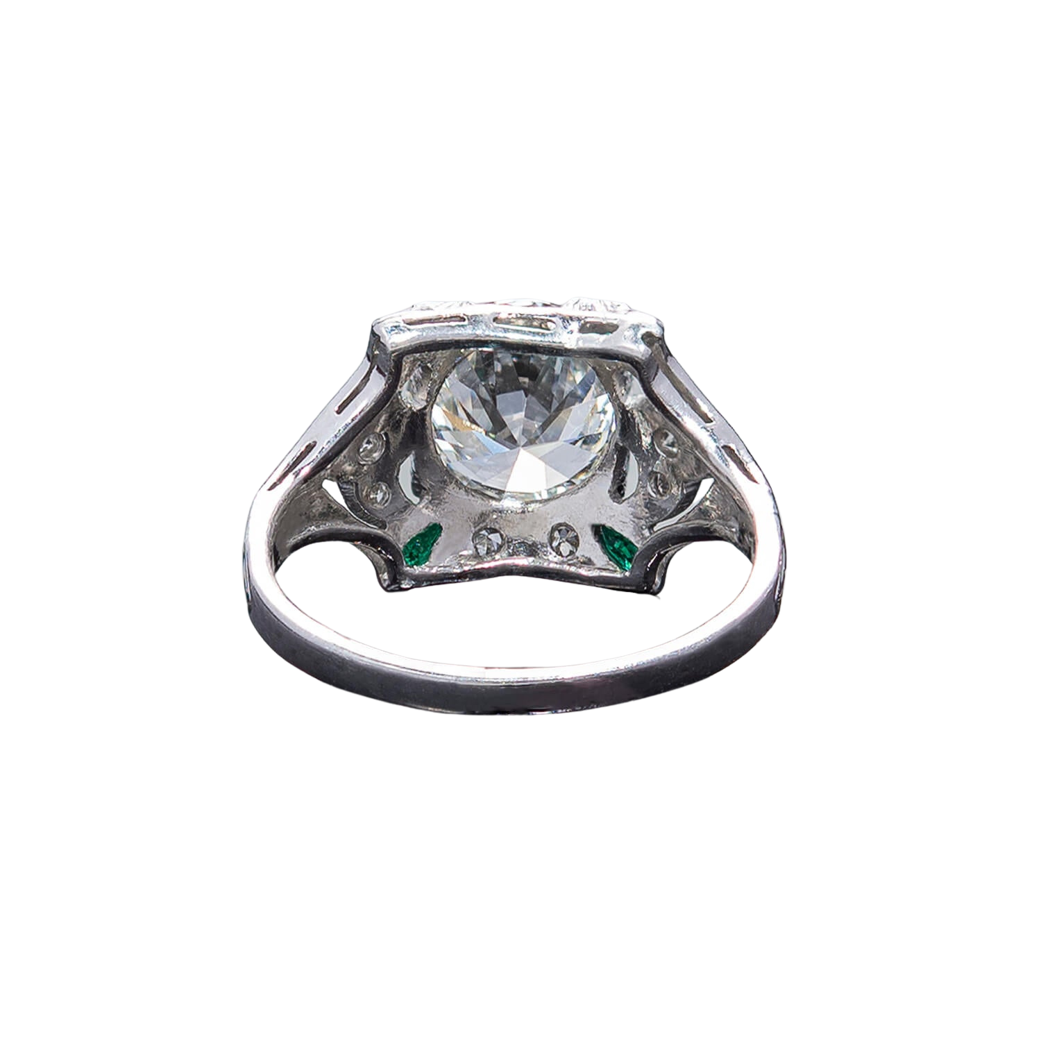 Art Deco Platinum Diamond + Emerald Engagement Ring 1.78ct