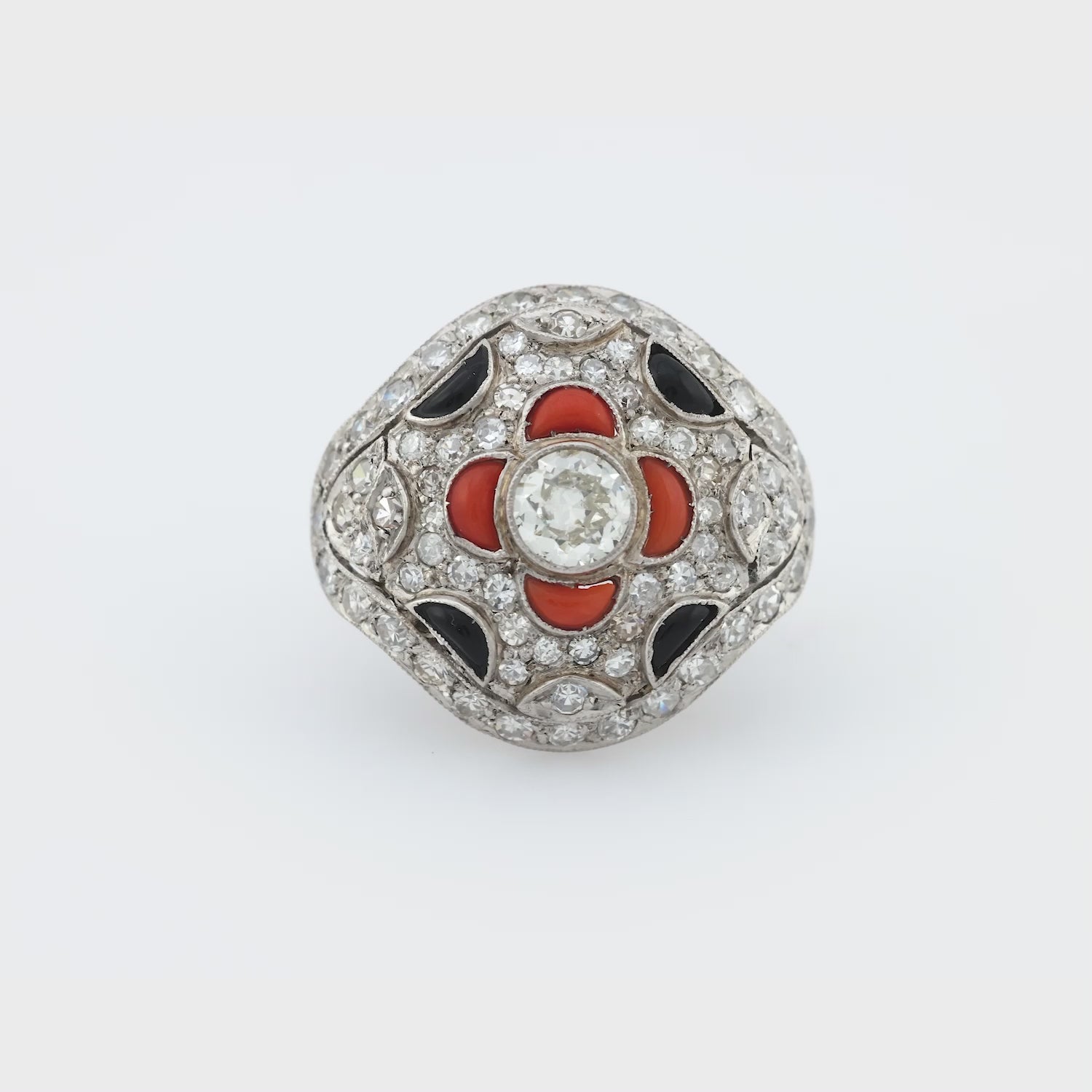 Art Deco Platinum Diamond, Coral, and Onyx Ring