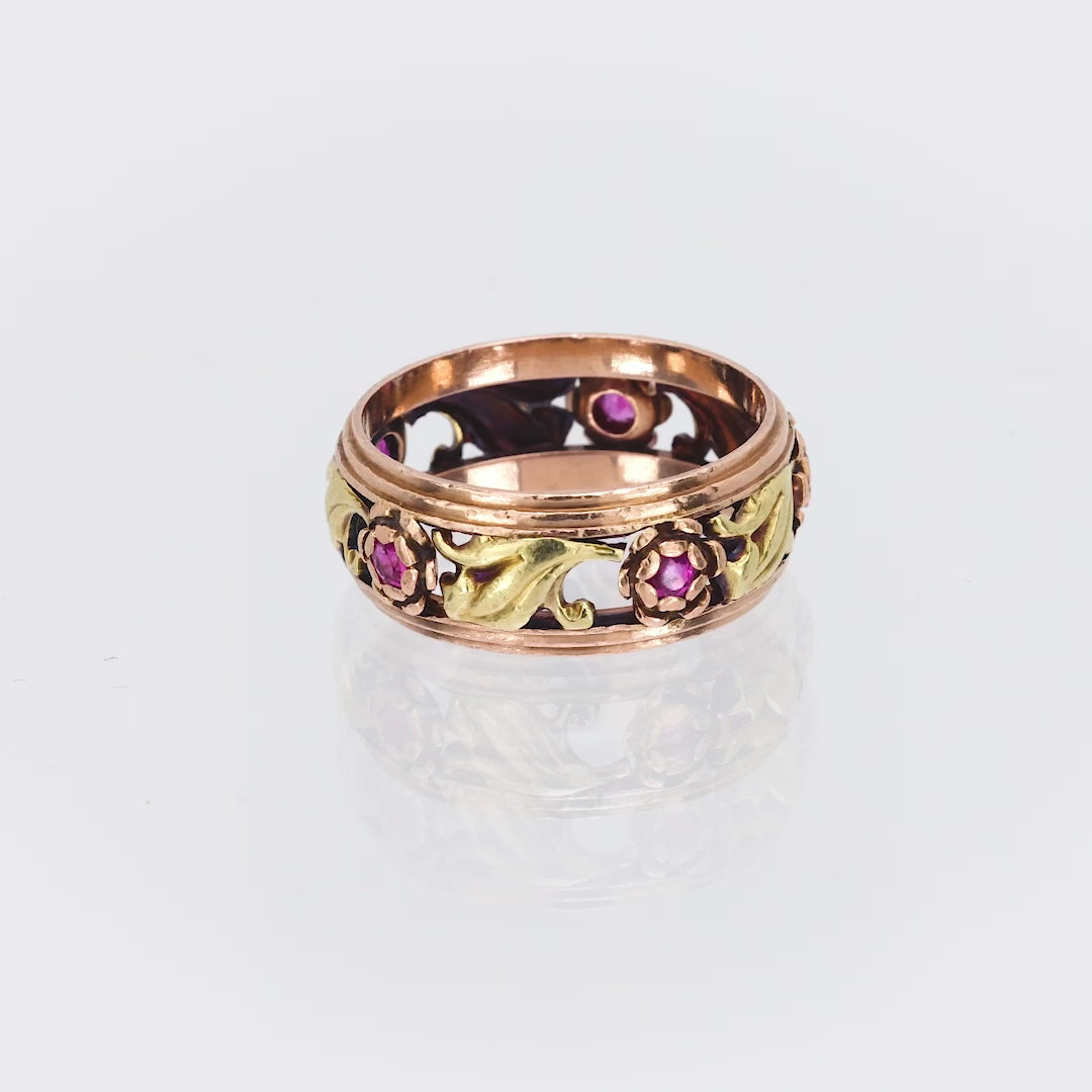 Retro 14k Mixed Metals Ruby Floral Motif Band