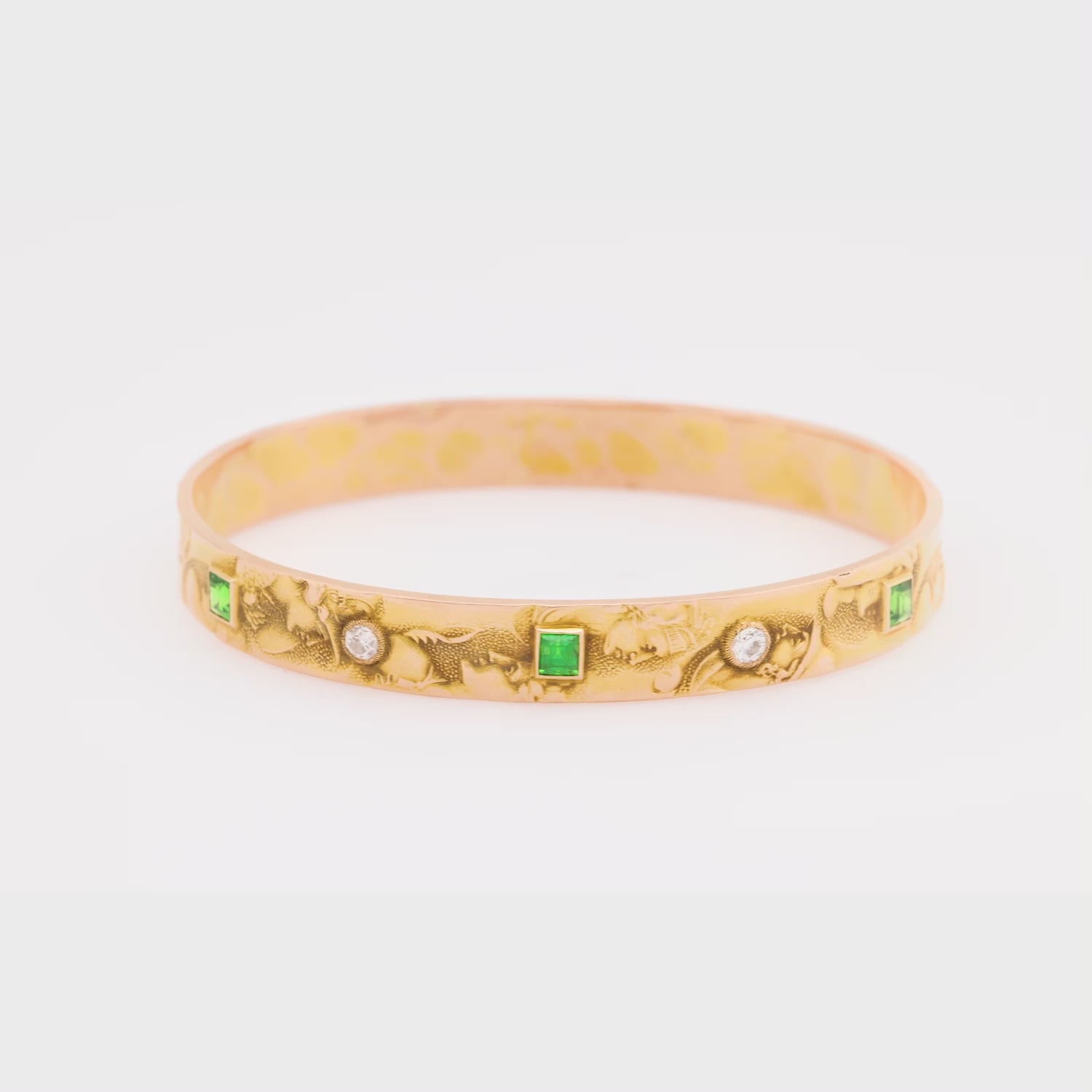 Art Nouveau 14k Diamond & Demantoid Repousse Bangle